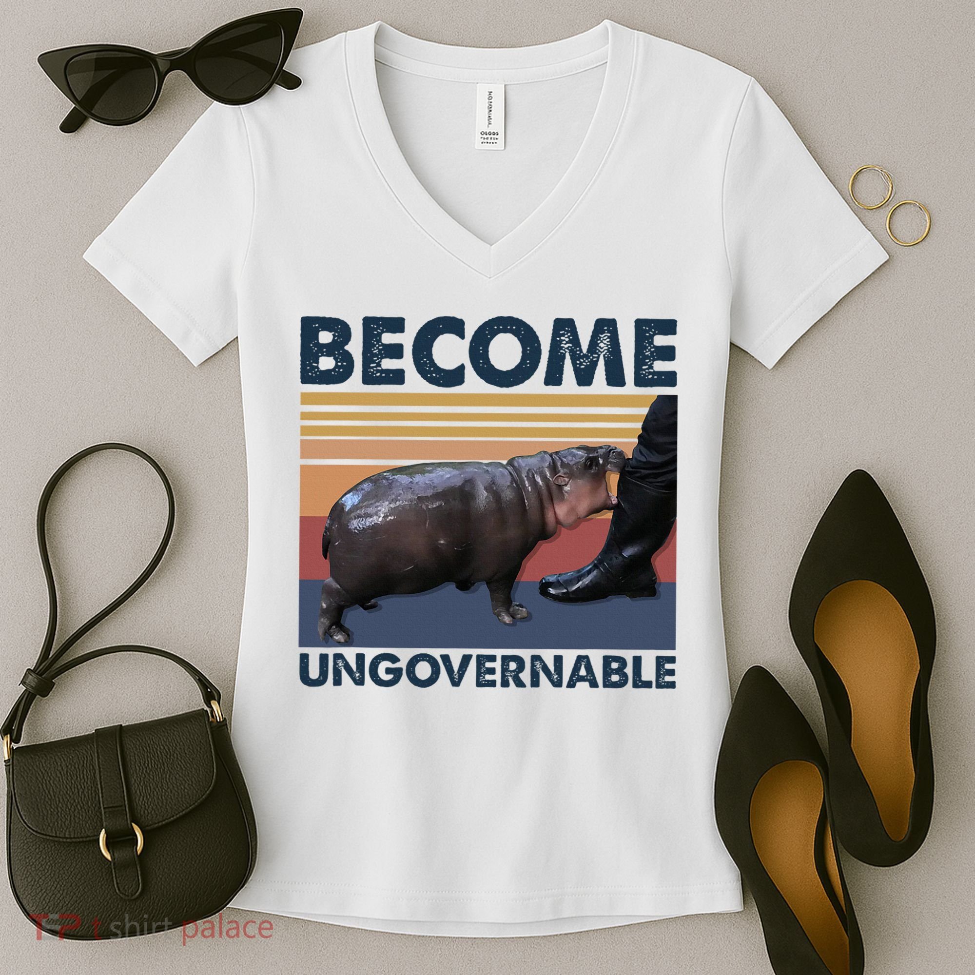 Become Ungovernable Moo Deng Cute Baby Hippo Funny Hippo Women's V-Neck T-Shirt