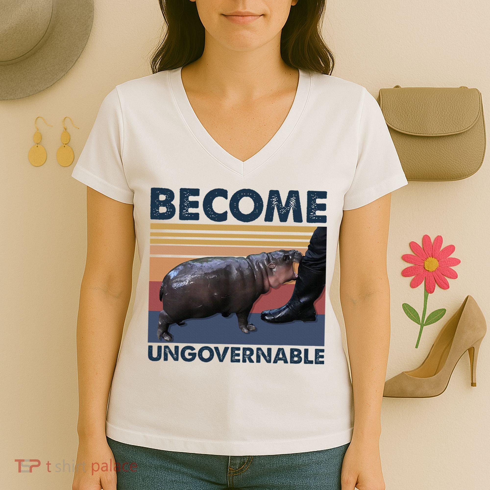 Become Ungovernable Moo Deng Cute Baby Hippo Funny Hippo Women's V-Neck T-Shirt