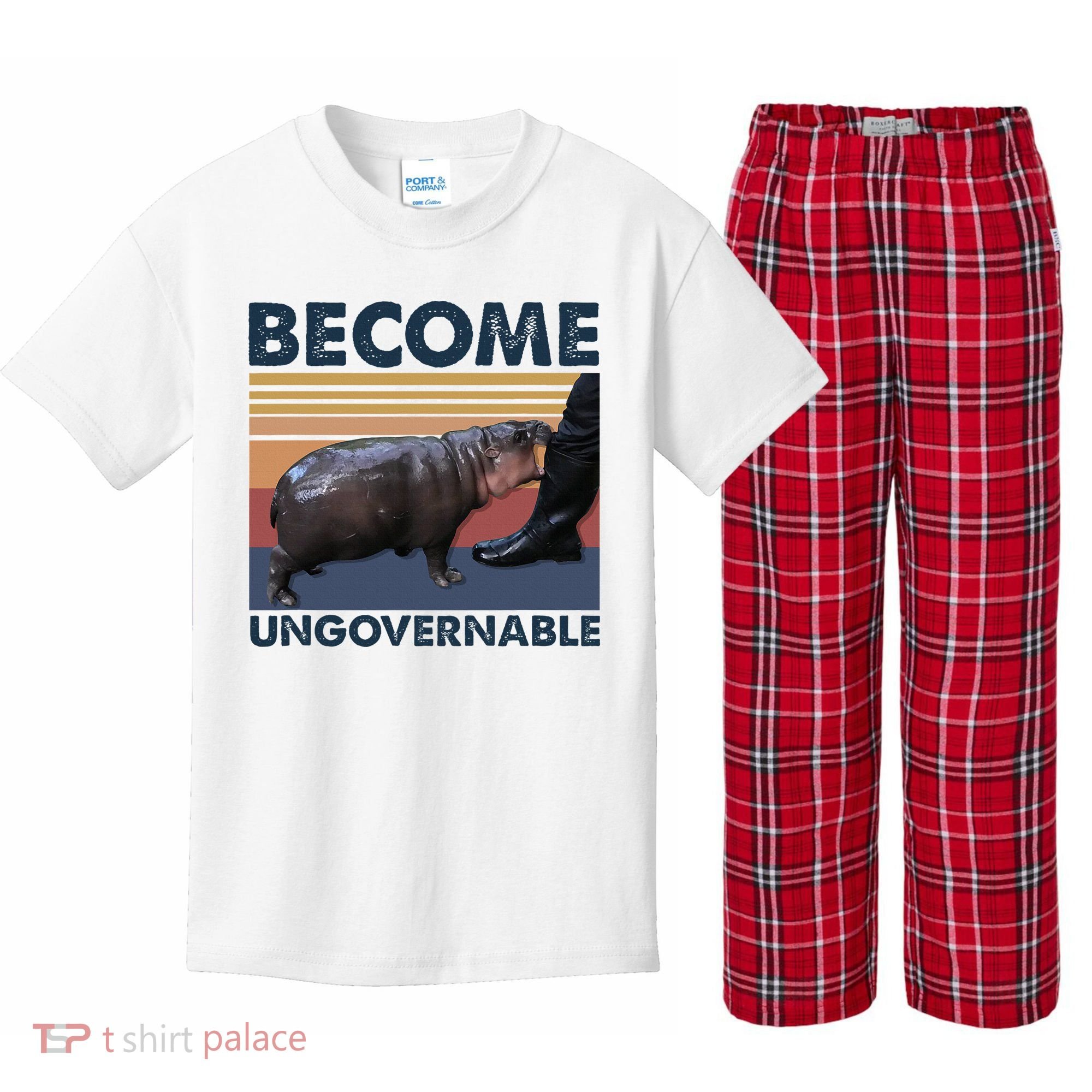 Become Ungovernable Moo Deng Cute Baby Hippo Funny Hippo Kids Plaid Pajama Set