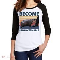 Become Ungovernable Moo Deng Cute Baby Hippo Funny Hippo Women's Tri-Blend 3/4-Sleeve Raglan Shirt thumb 2