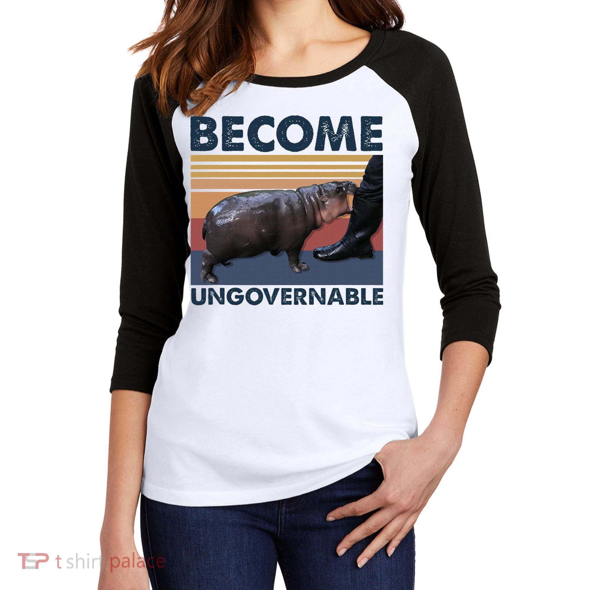 Become Ungovernable Moo Deng Cute Baby Hippo Funny Hippo Women's Tri-Blend 3/4-Sleeve Raglan Shirt