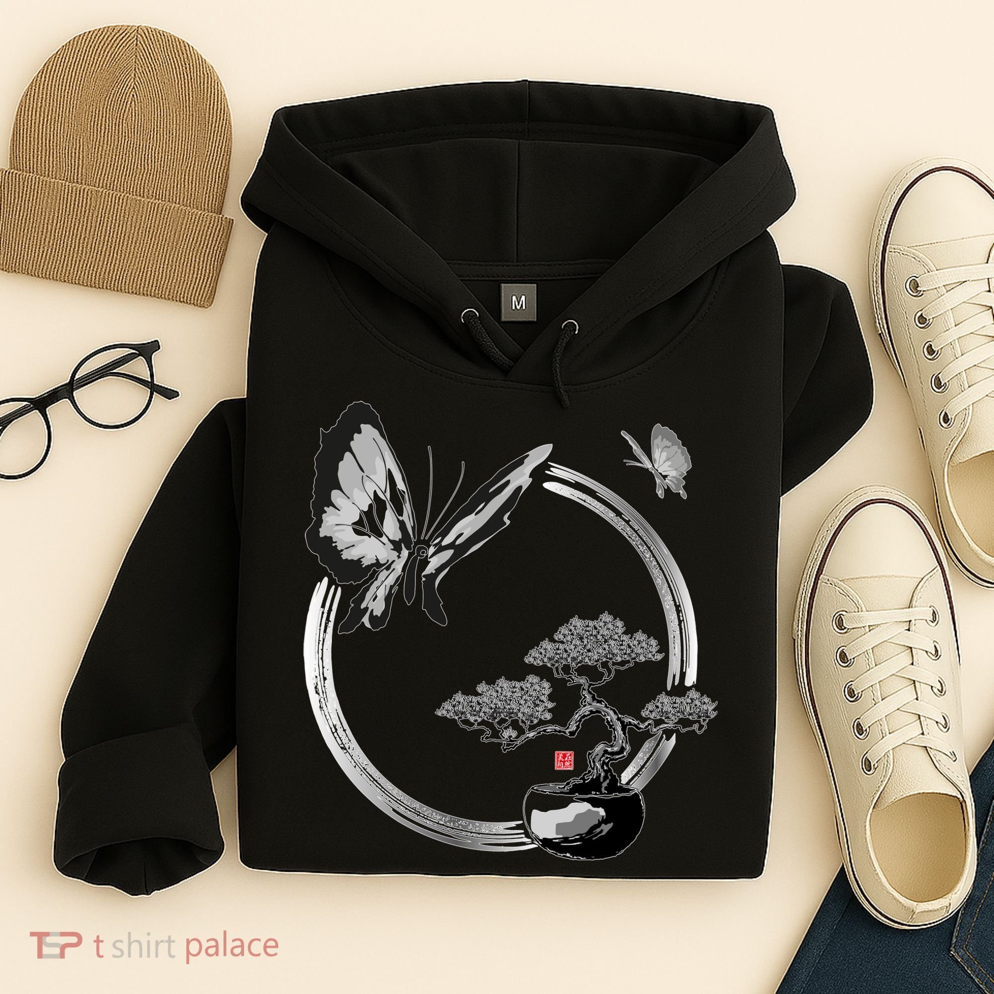 Butterflies And Bonzai Tree Japanese Ink Hoodie
