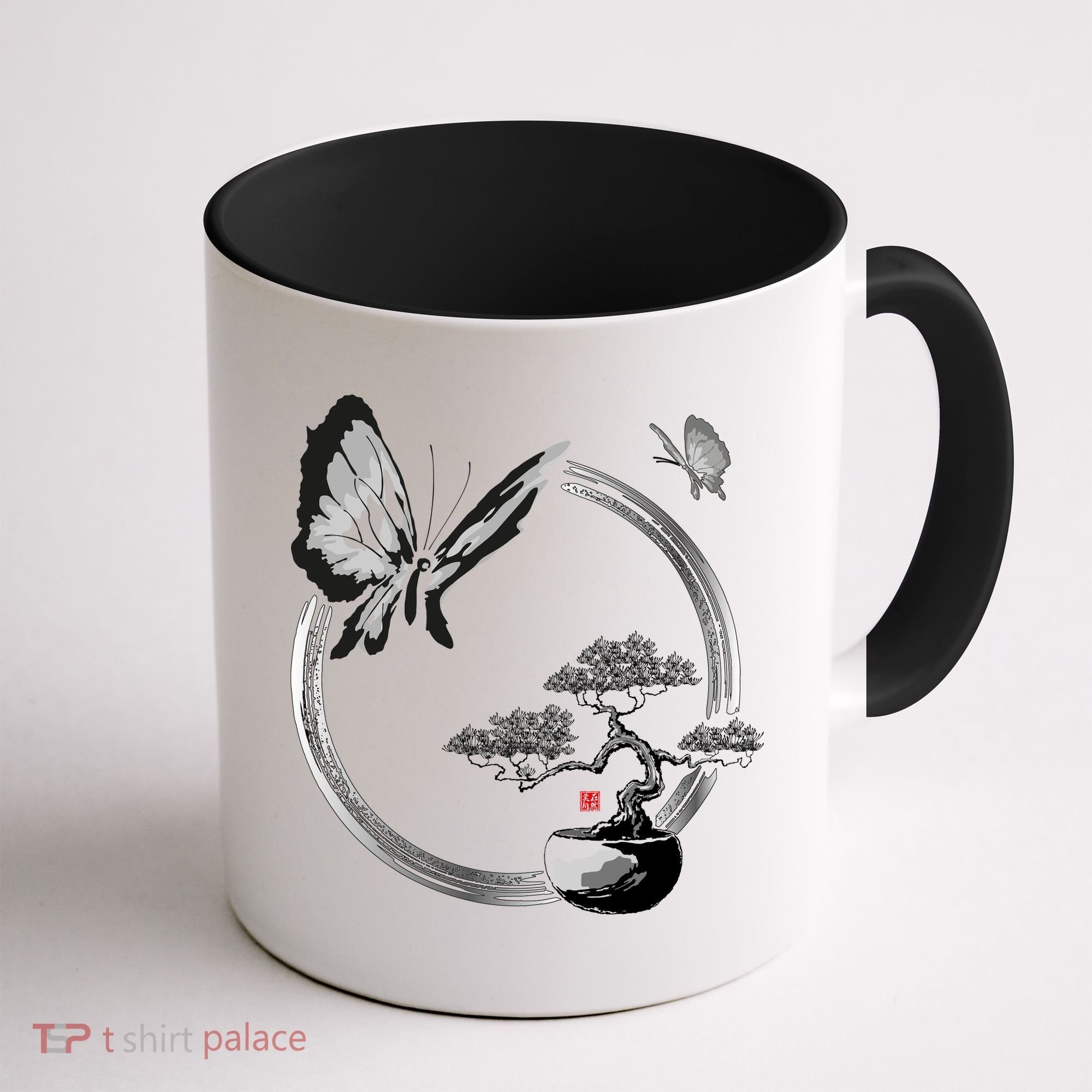 Butterflies And Bonzai Tree Japanese Ink Coffee Mug