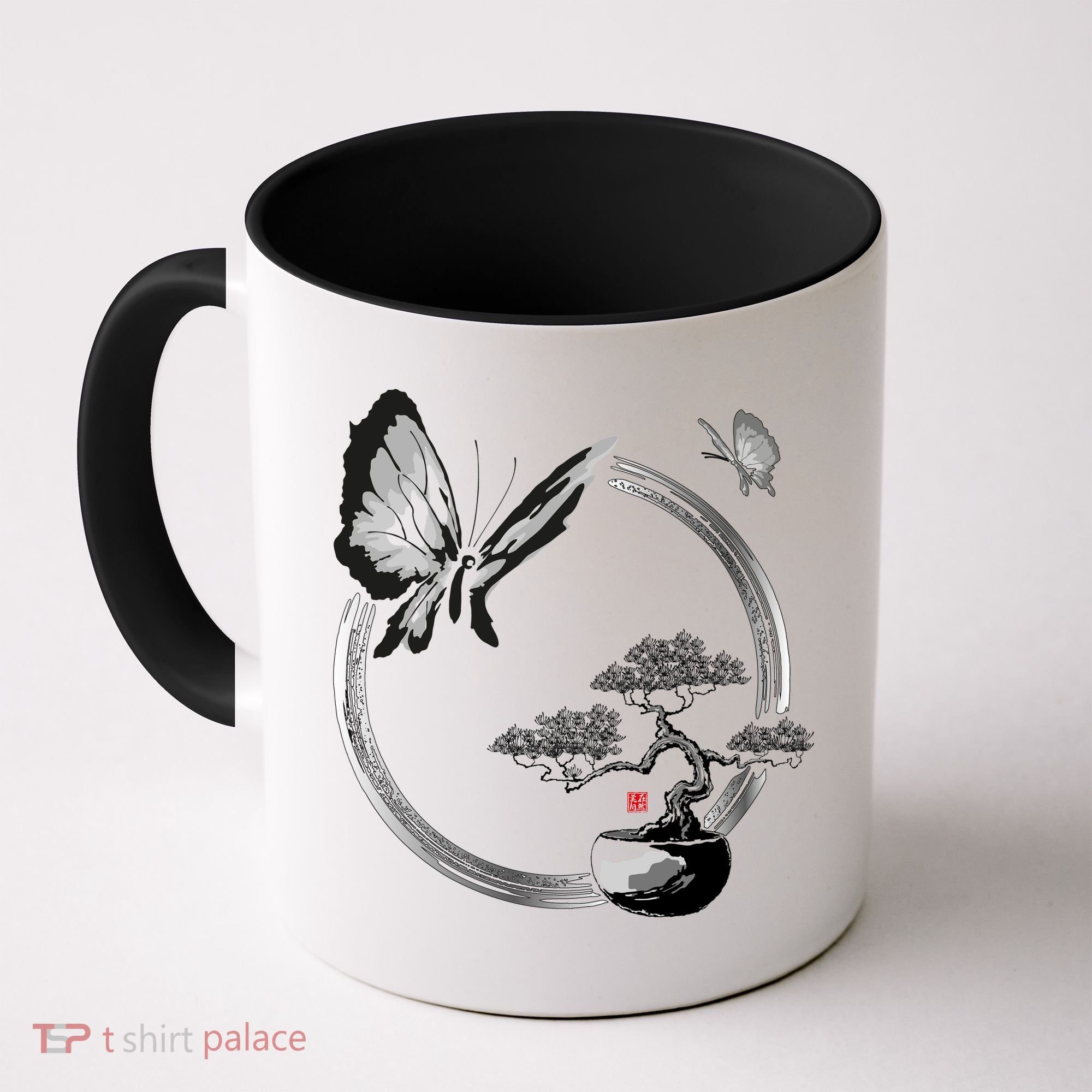 Butterflies And Bonzai Tree Japanese Ink Coffee Mug