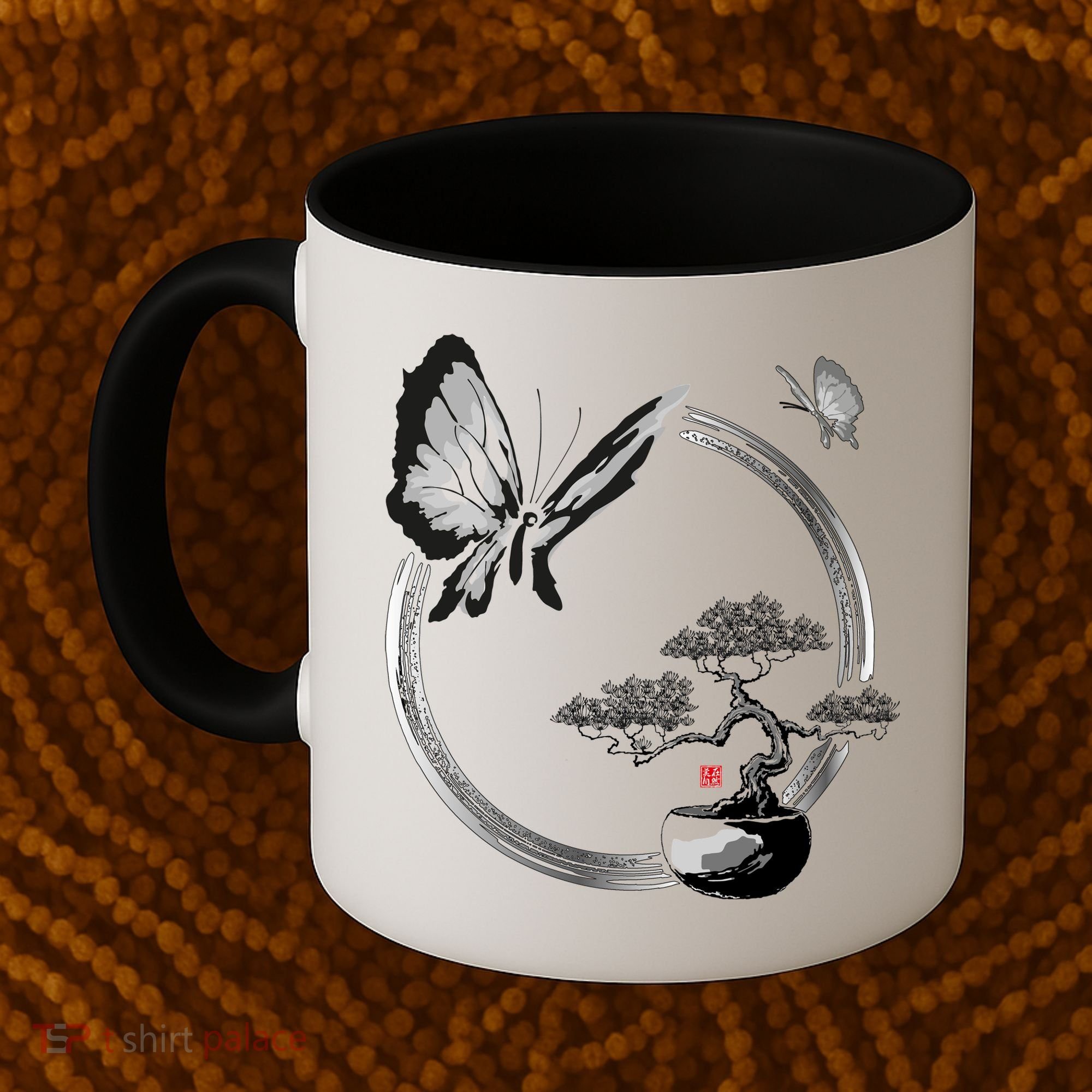 Butterflies And Bonzai Tree Japanese Ink Coffee Mug