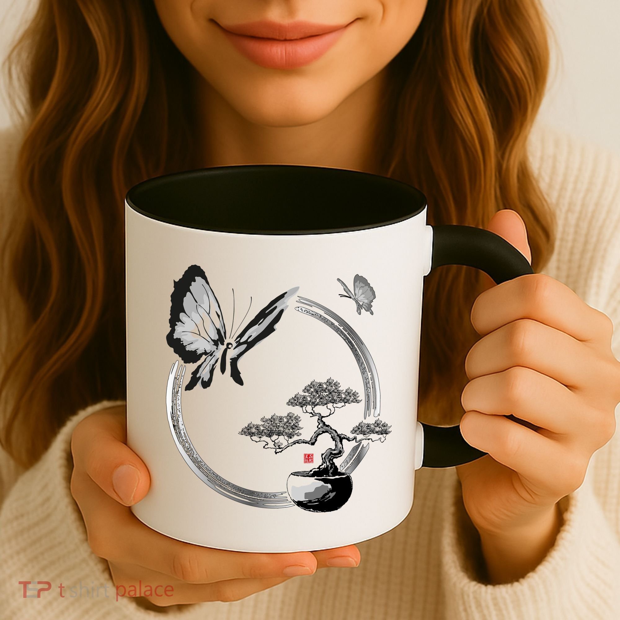 Butterflies And Bonzai Tree Japanese Ink Coffee Mug