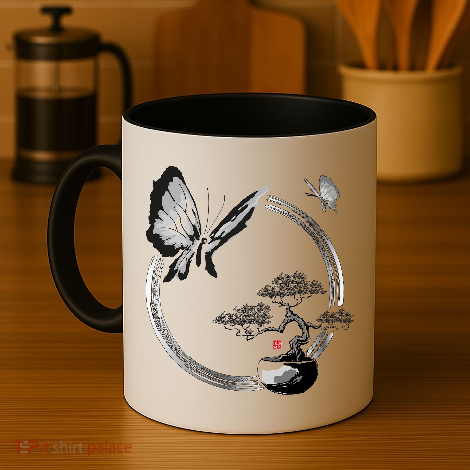 Butterflies And Bonzai Tree Japanese Ink Coffee Mug