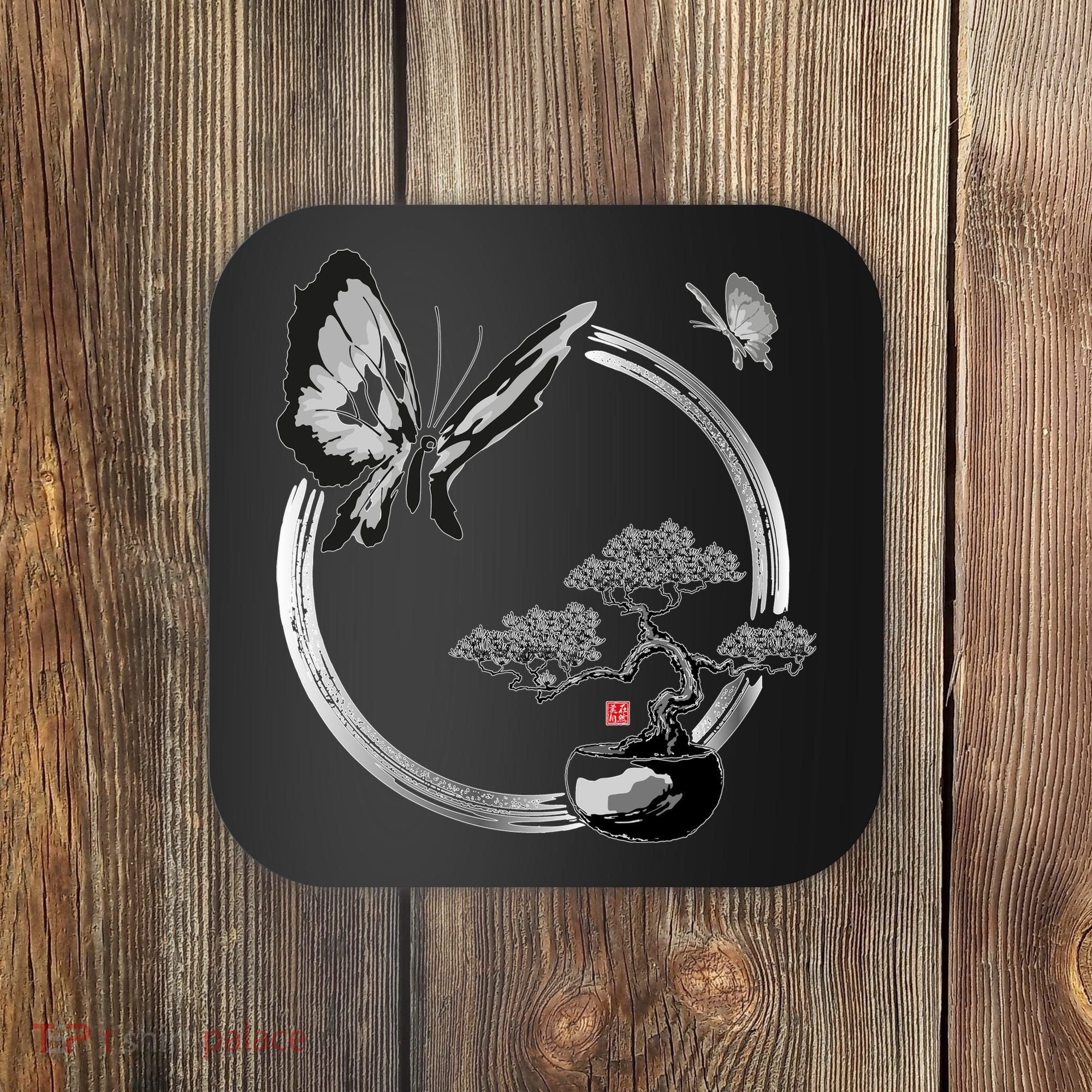 Butterflies And Bonzai Tree Japanese Ink Coaster