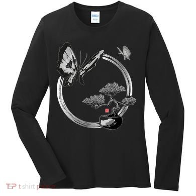 Butterflies And Bonzai Tree Japanese Ink Women's Long Sleeve Shirt