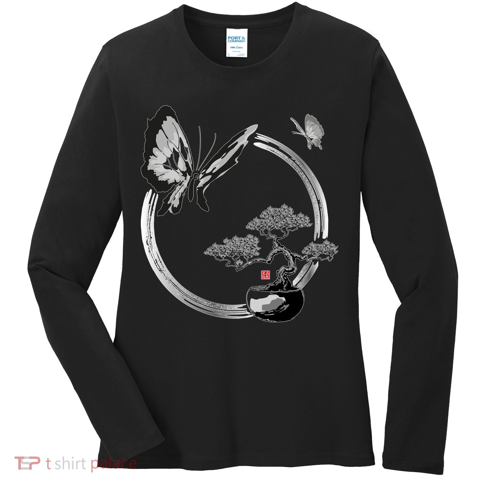 Butterflies And Bonzai Tree Japanese Ink Women's Long Sleeve Shirt