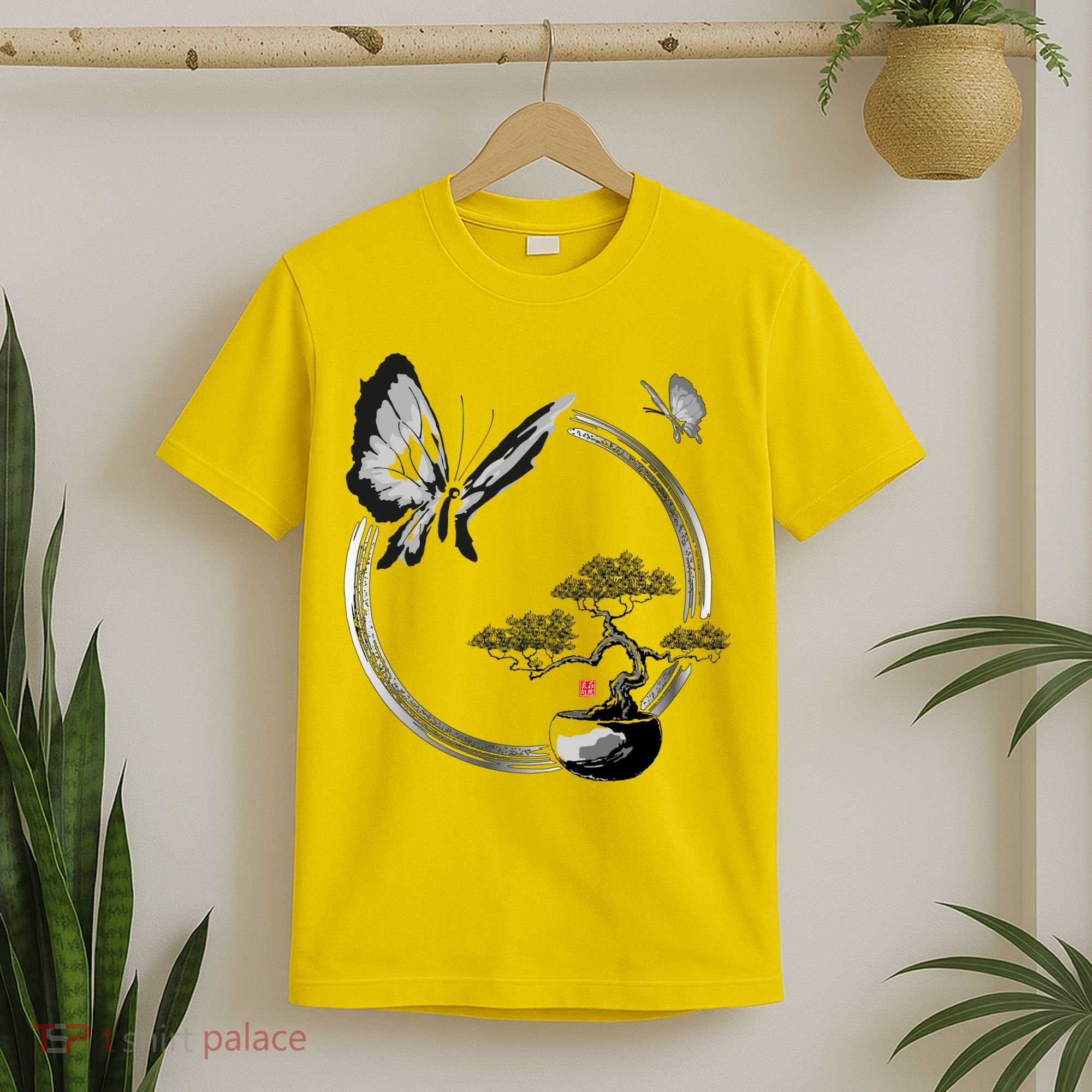 Butterflies And Bonzai Tree Japanese Ink T-Shirt
