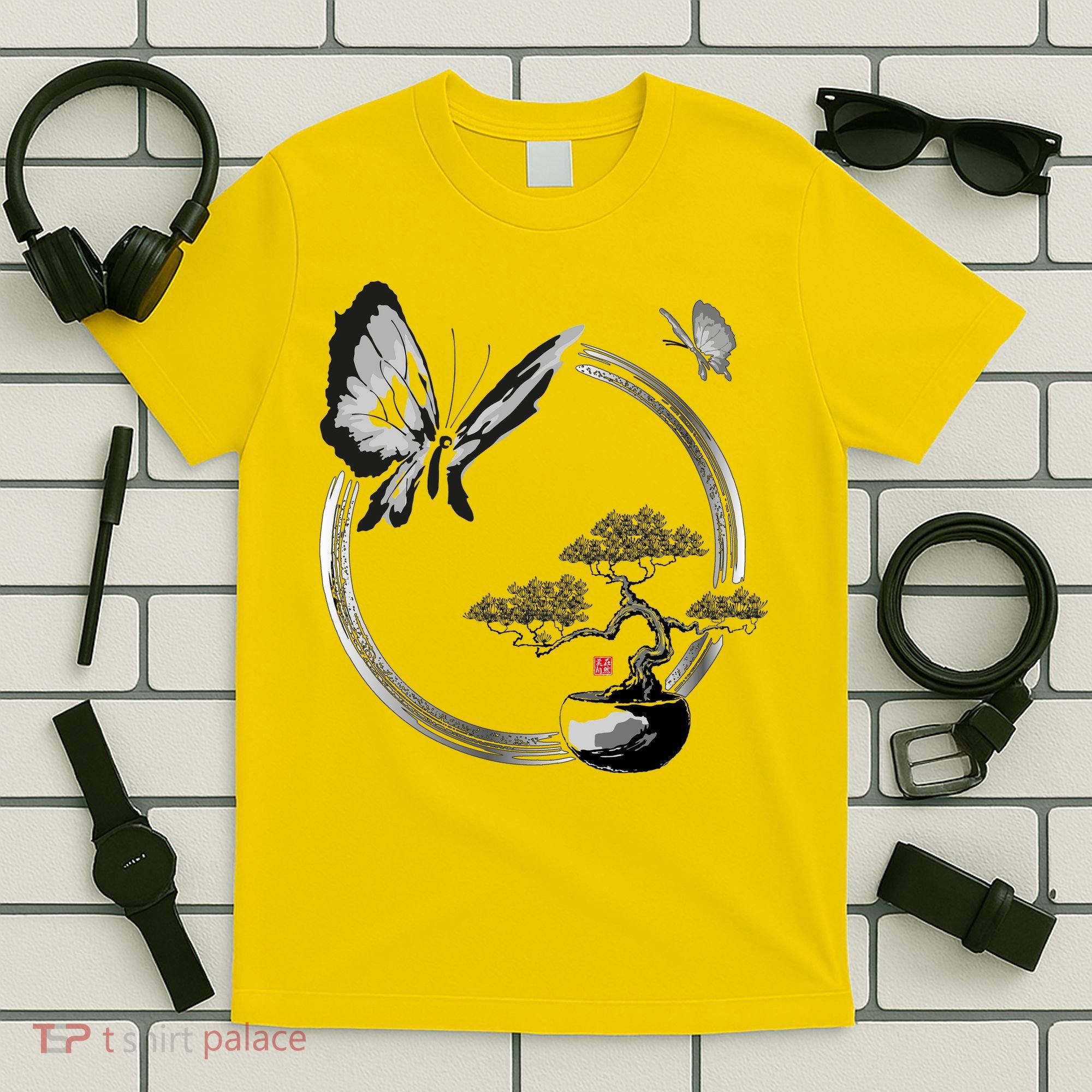 Butterflies And Bonzai Tree Japanese Ink T-Shirt