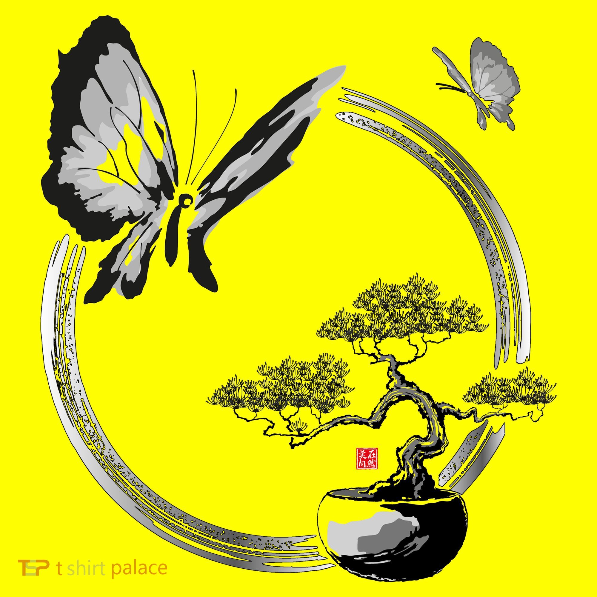 Butterflies And Bonzai Tree Japanese Ink T-Shirt