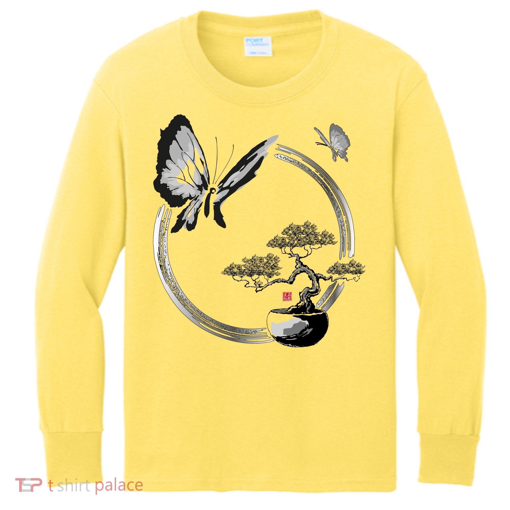 Butterflies And Bonzai Tree Japanese Ink Kids Long Sleeve Shirt