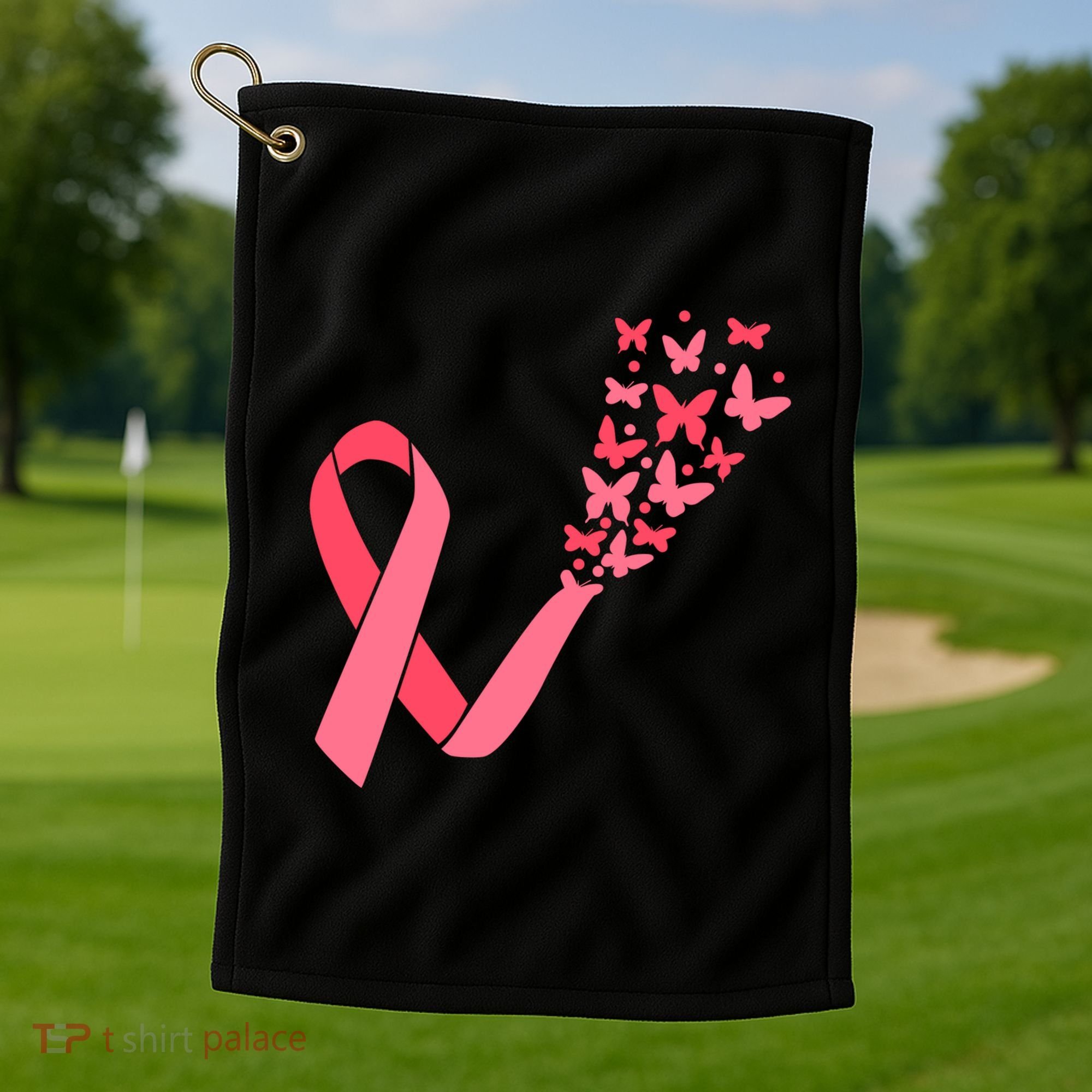 Butterfly Burst Breast Cancer Ribbon Golf Towel