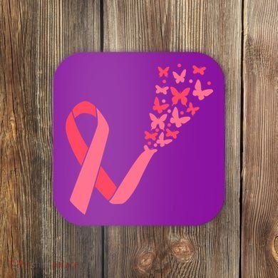Butterfly Burst Breast Cancer Ribbon Coaster