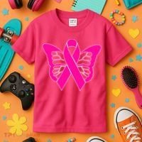 Butterfly Ribbon Breast Cancer Kids T-Shirt thumb 3