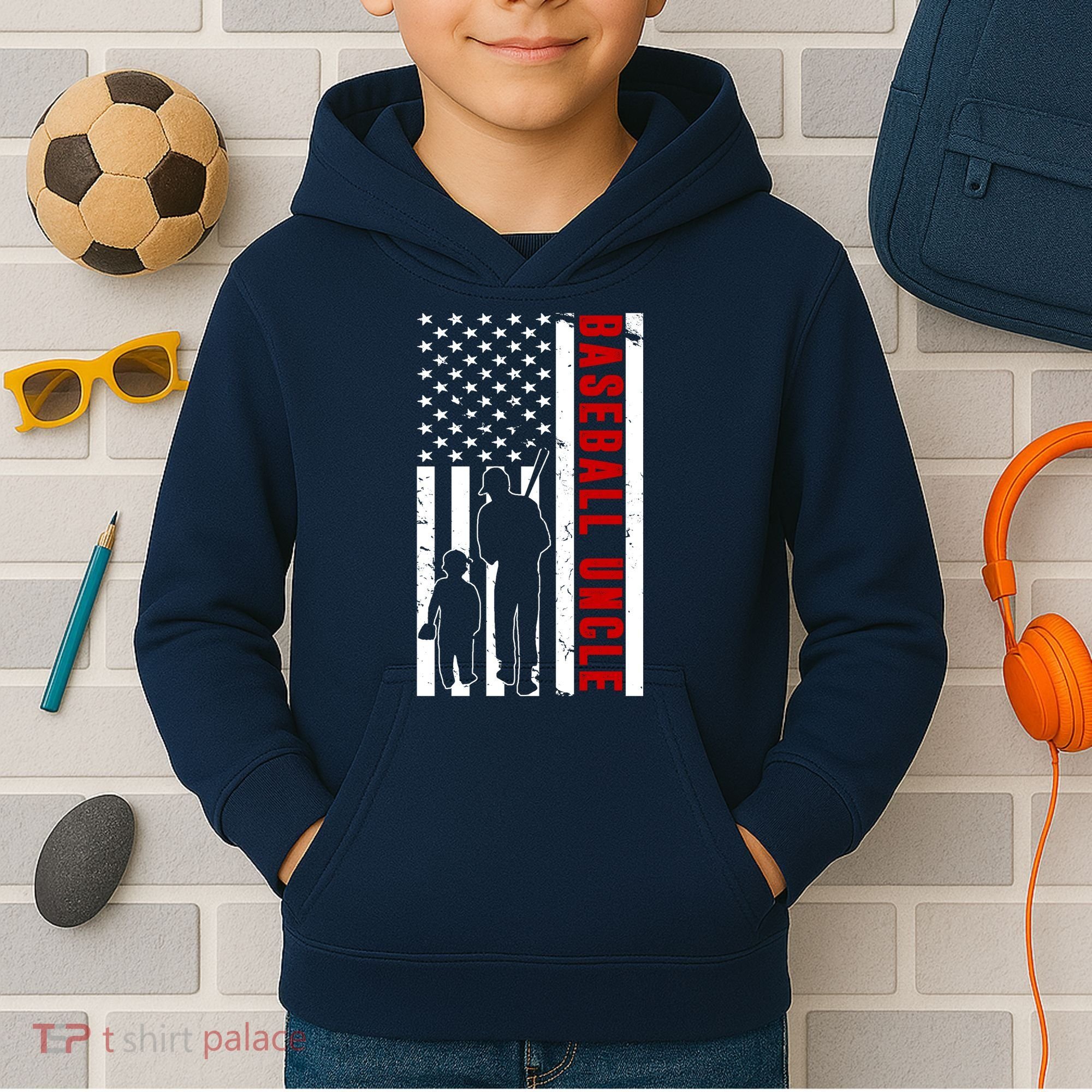 Baseball Uncle USA Flag Kids Hoodie