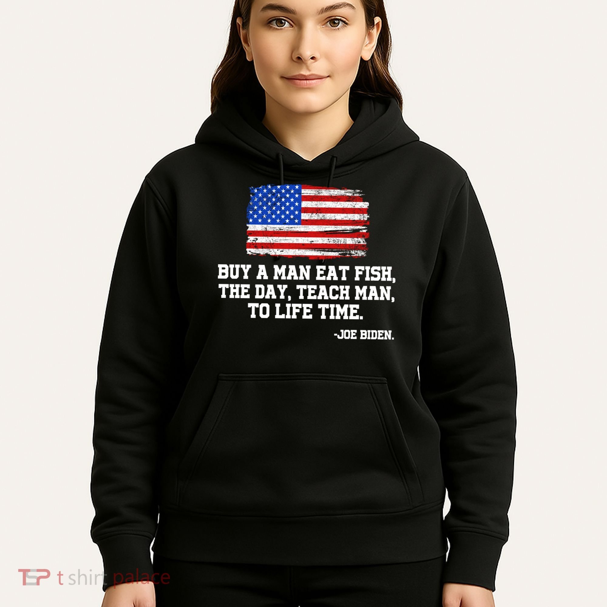 Buy A Man Eat Fish Joe Biden USA American Flag Hoodie