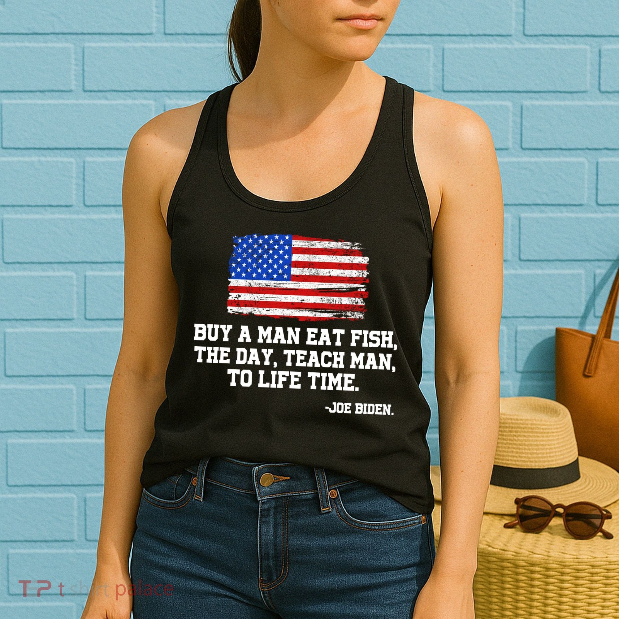Buy A Man Eat Fish Joe Biden USA American Flag Women's Tank Top