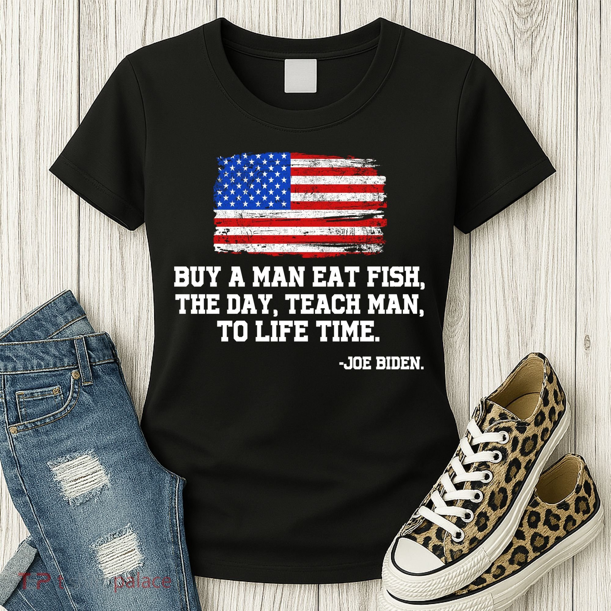 Buy A Man Eat Fish Joe Biden USA American Flag Women's T-Shirt