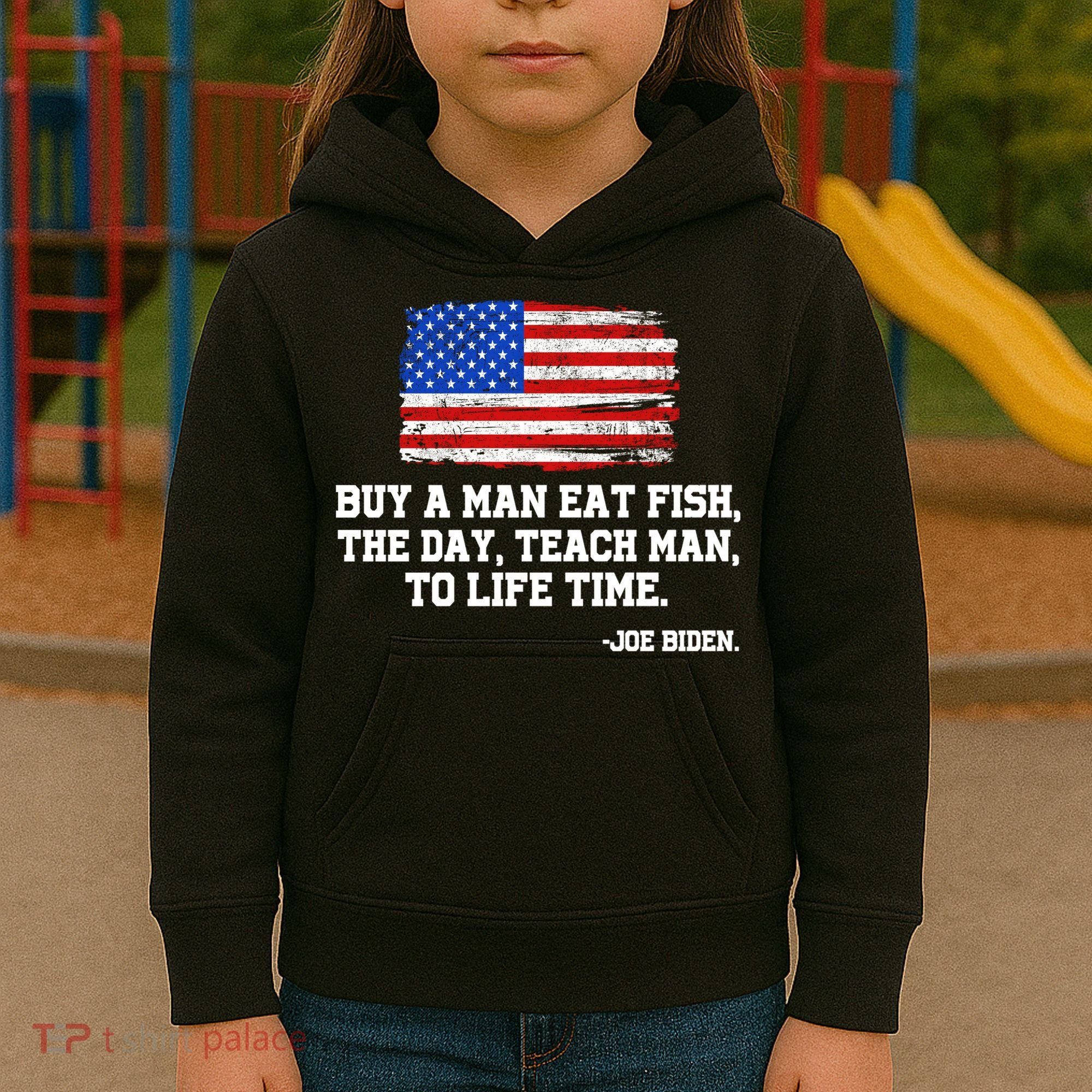 Buy A Man Eat Fish Joe Biden USA American Flag Kids Hoodie