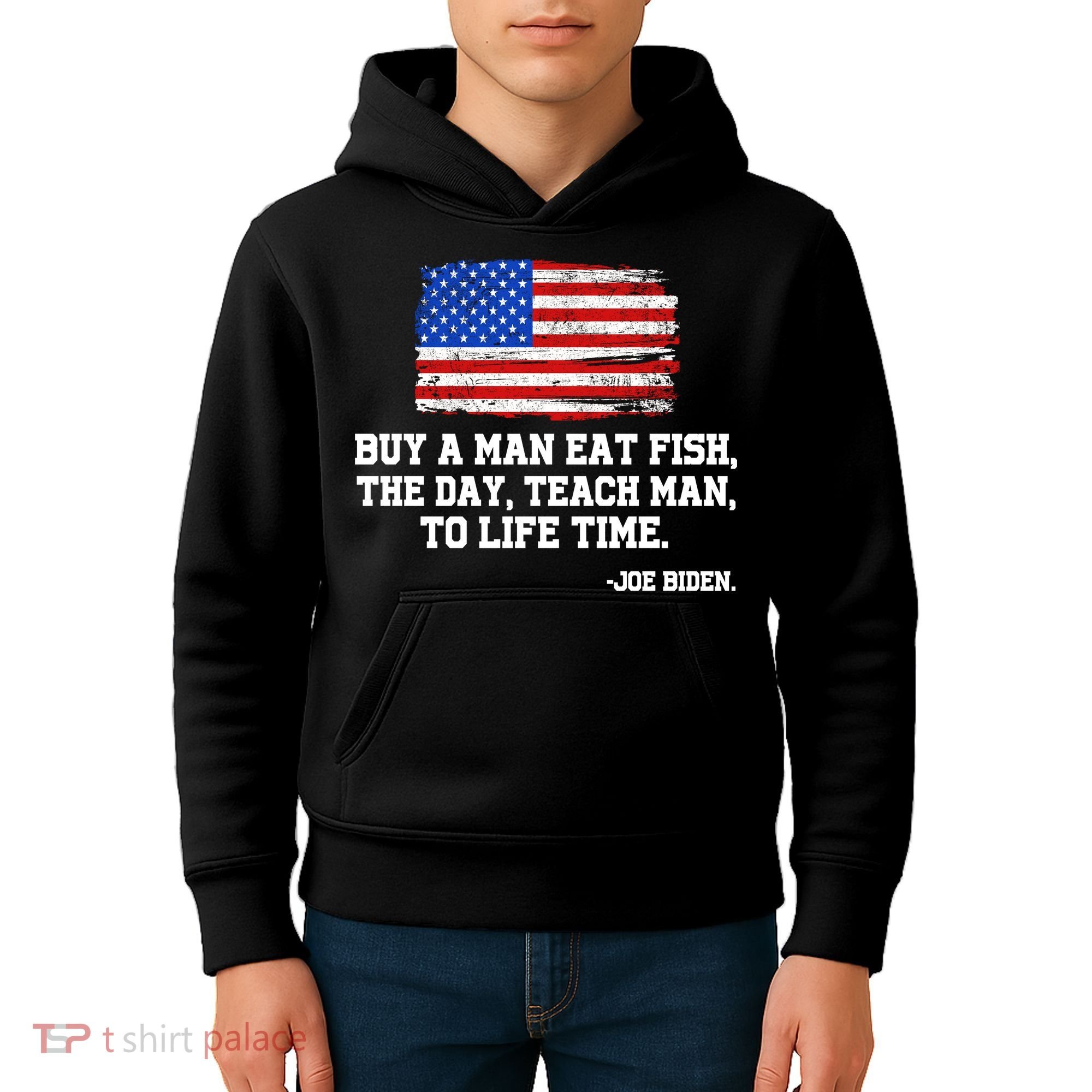 Buy A Man Eat Fish Joe Biden USA American Flag Kids Hoodie