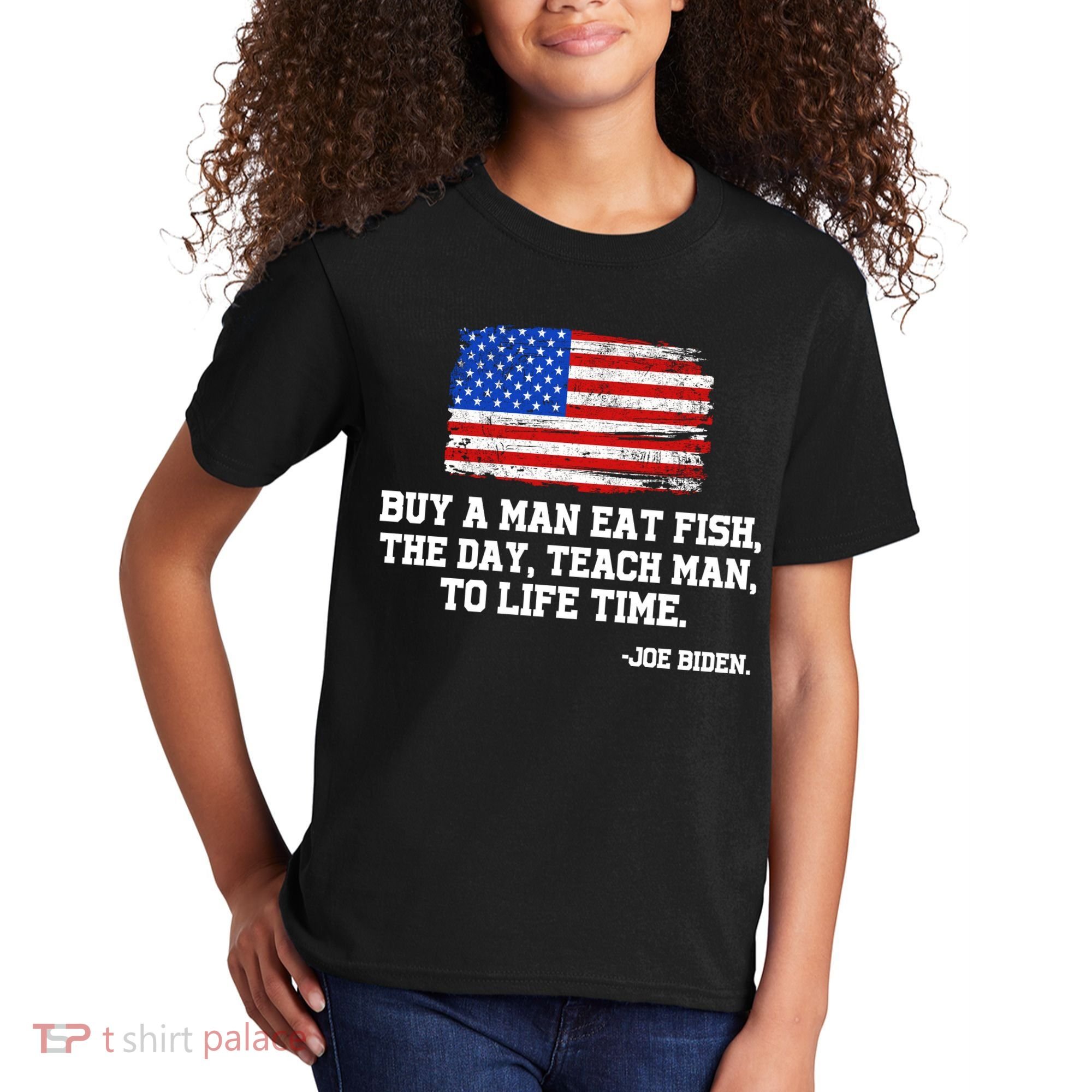 Buy A Man Eat Fish Joe Biden USA American Flag Kids T-Shirt