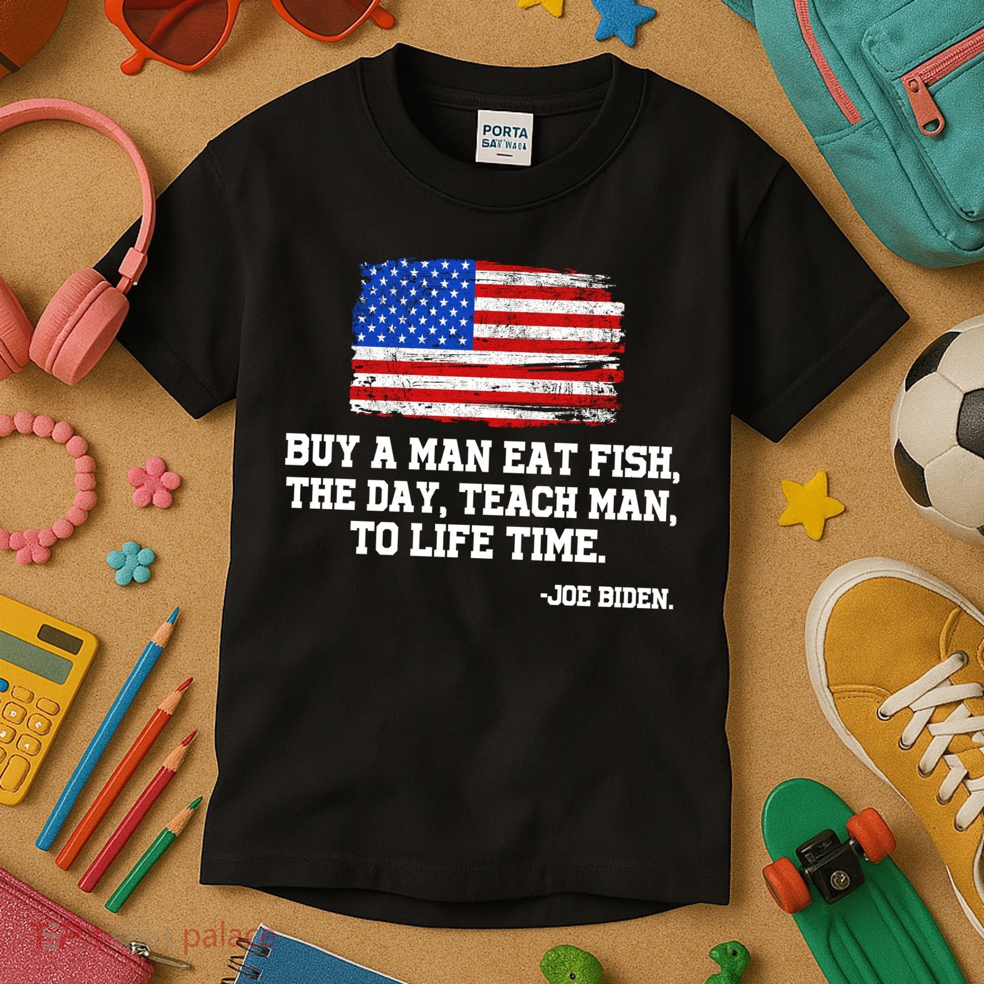 Buy A Man Eat Fish Joe Biden USA American Flag Kids T-Shirt