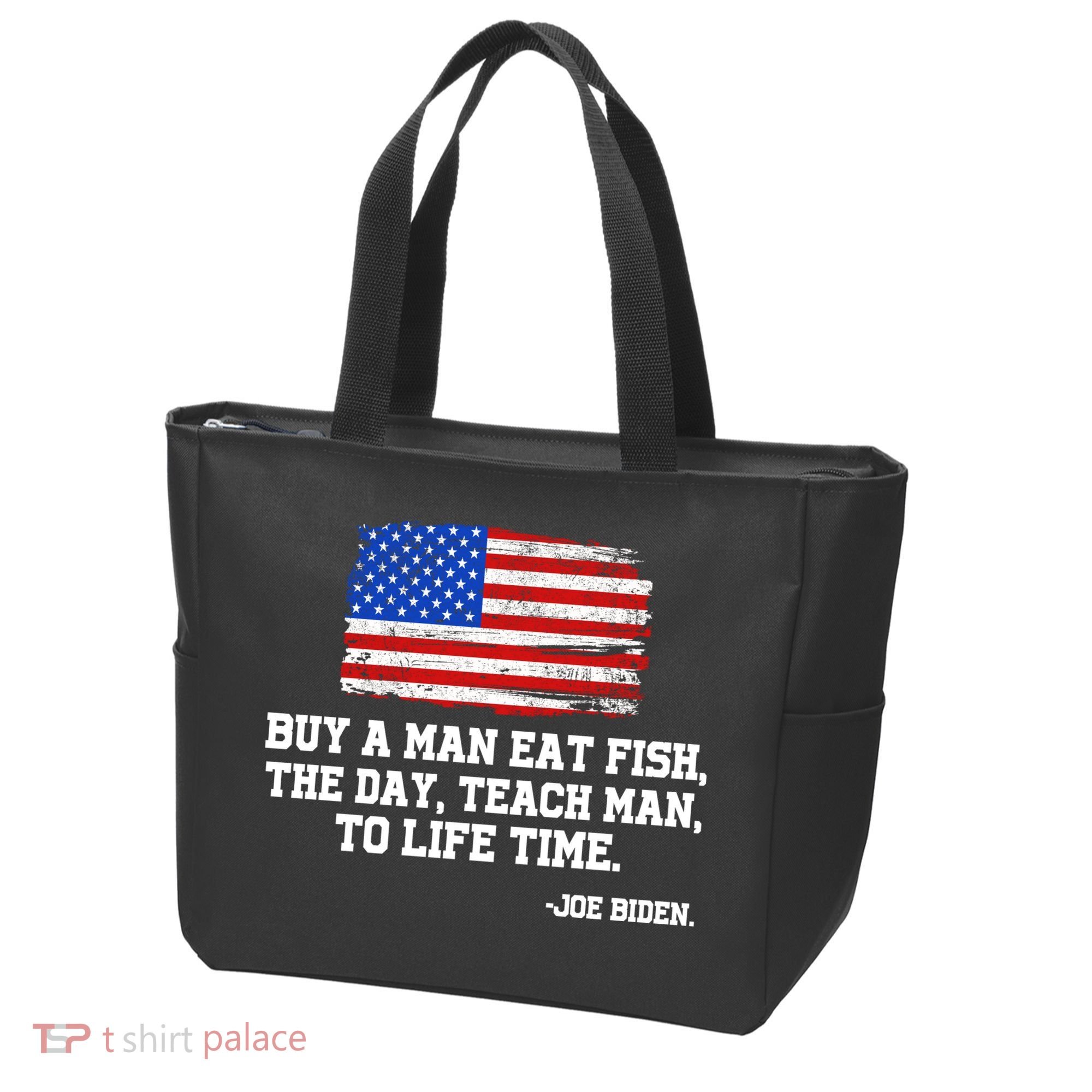 Buy A Man Eat Fish Joe Biden USA American Flag Tote Bag