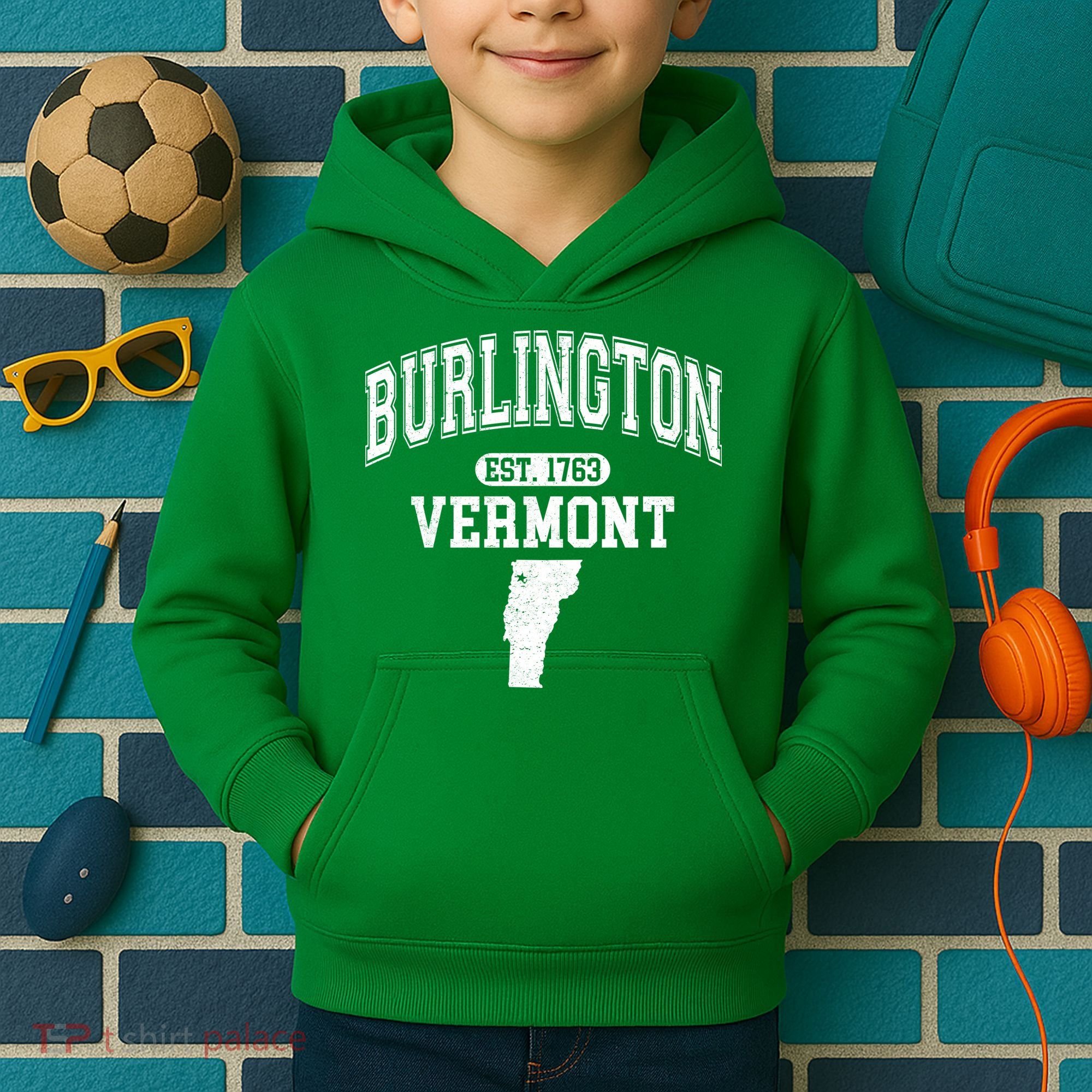 Burlington Vermont Est. 1763 Varsity Kids Hoodie