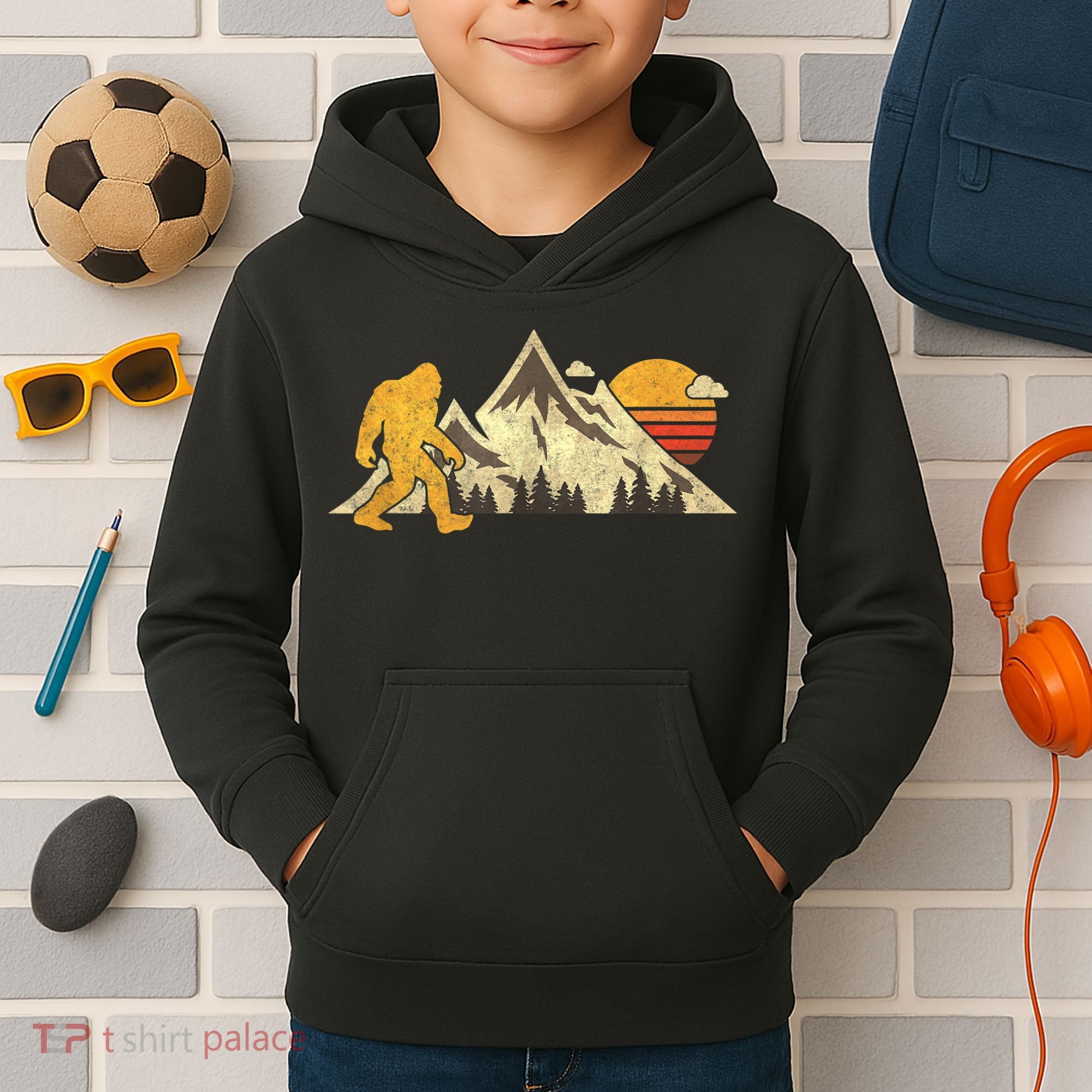 Bigfoot Vintage Mountain Sun Sasquatch Camping Camper Kids Hoodie