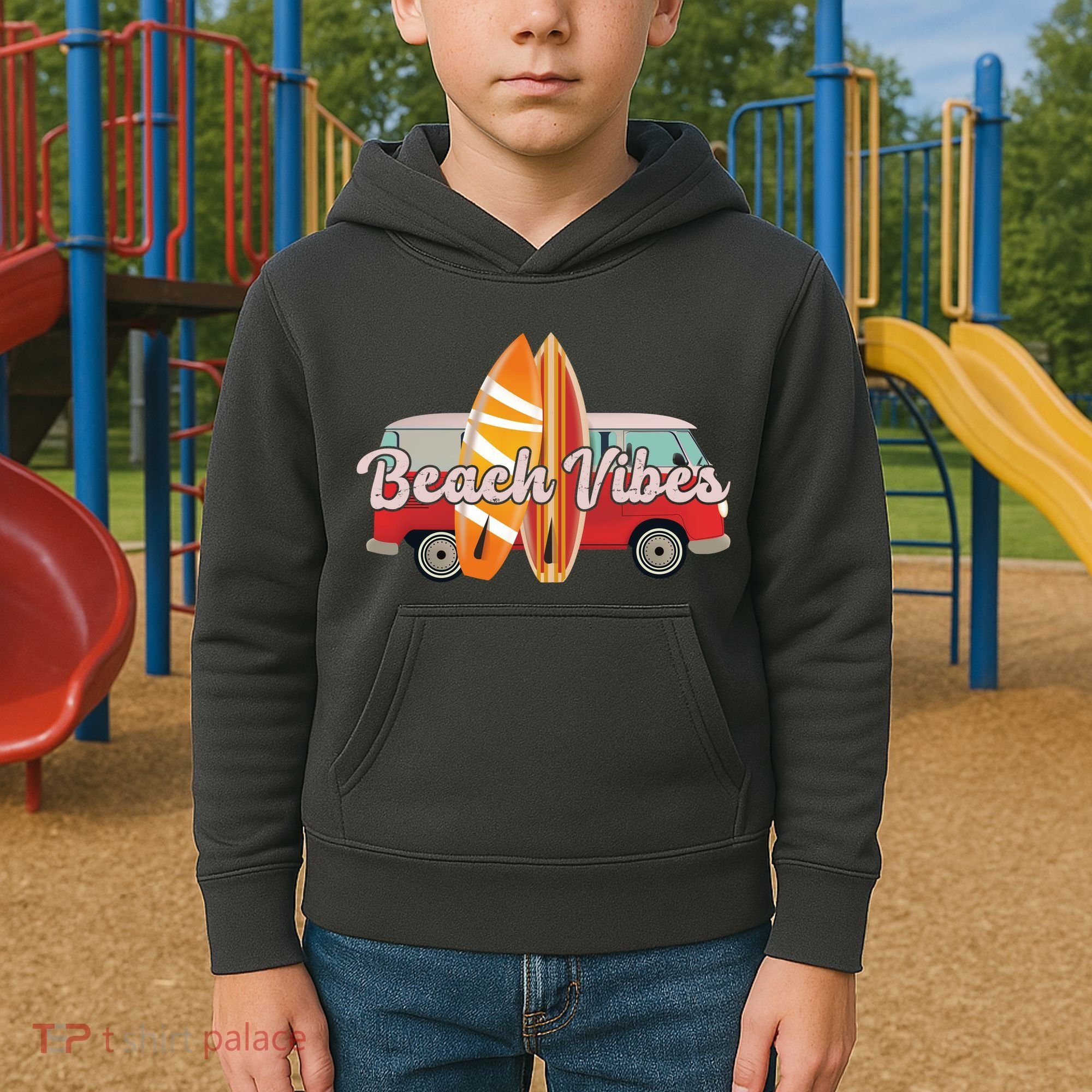 Beach Vibes Surfer Retro Van Kids Hoodie