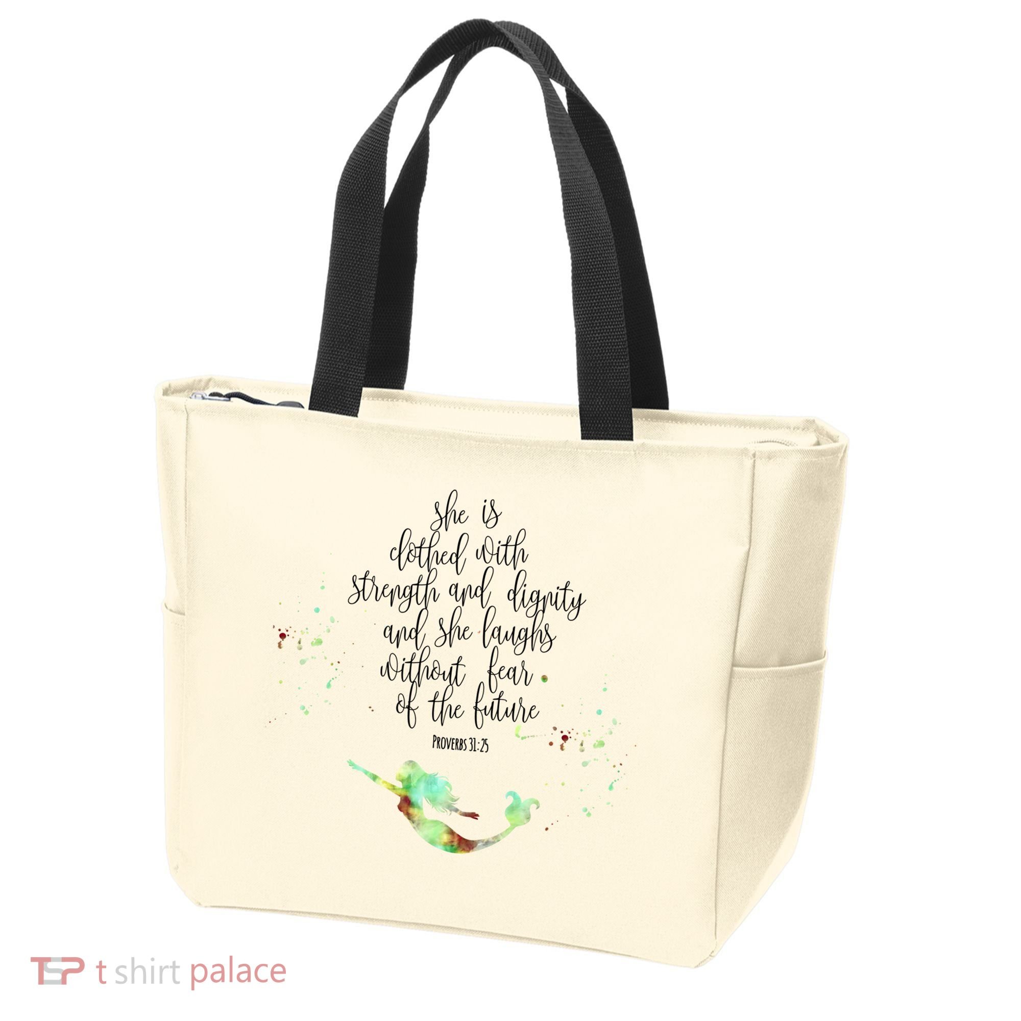 Bible Verse She Is Clothed In Strength And Dignity Mermaid Gift Tote Bag