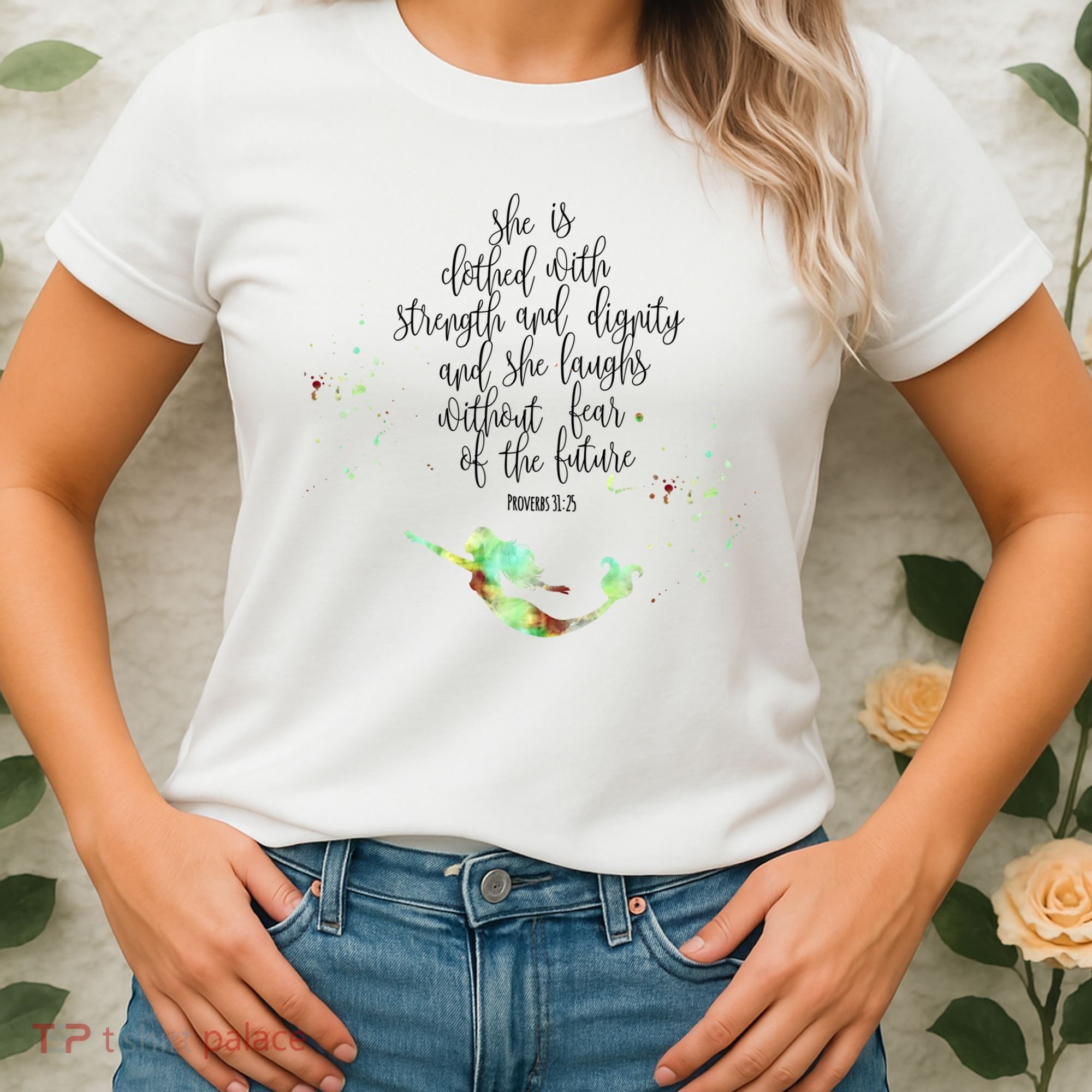 Bible Verse She Is Clothed In Strength And Dignity Mermaid Gift Women's T-Shirt