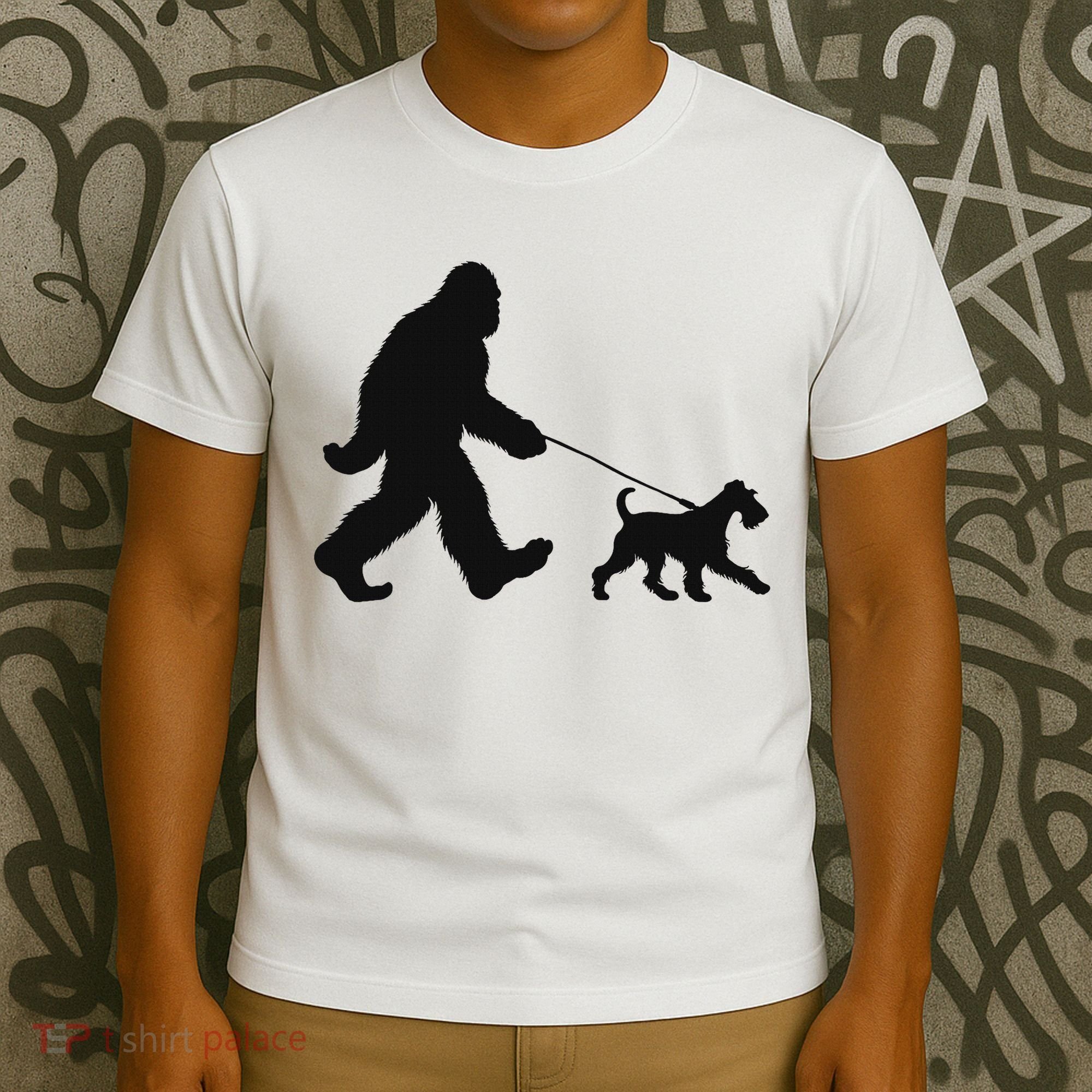 Bigfoot Walking A Dog Funny Irish Terrier Lovers Dog Dad T-Shirt