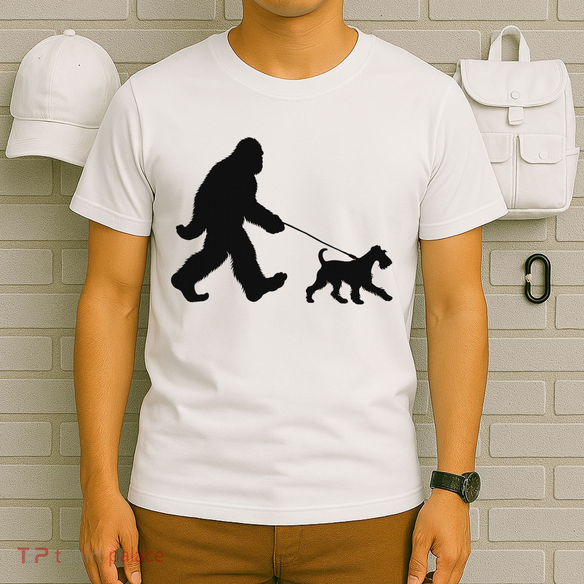 Bigfoot Walking A Dog Funny Irish Terrier Lovers Dog Dad T-Shirt