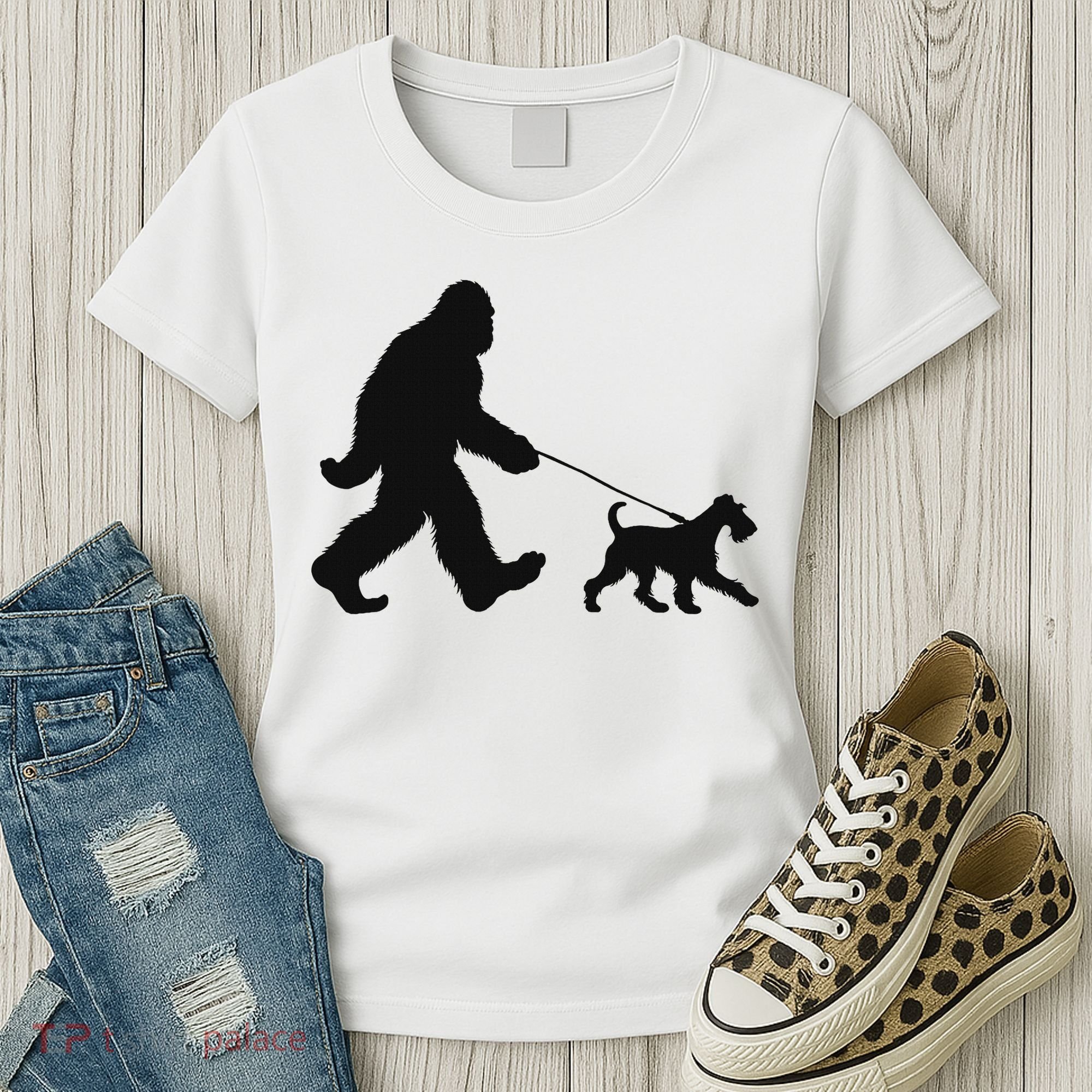 Bigfoot Walking A Dog Funny Irish Terrier Lovers Dog Dad Women's T-Shirt