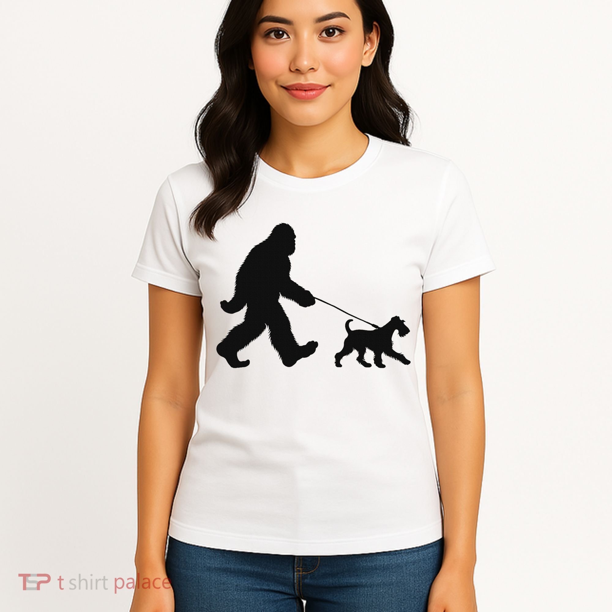 Bigfoot Walking A Dog Funny Irish Terrier Lovers Dog Dad Women's T-Shirt