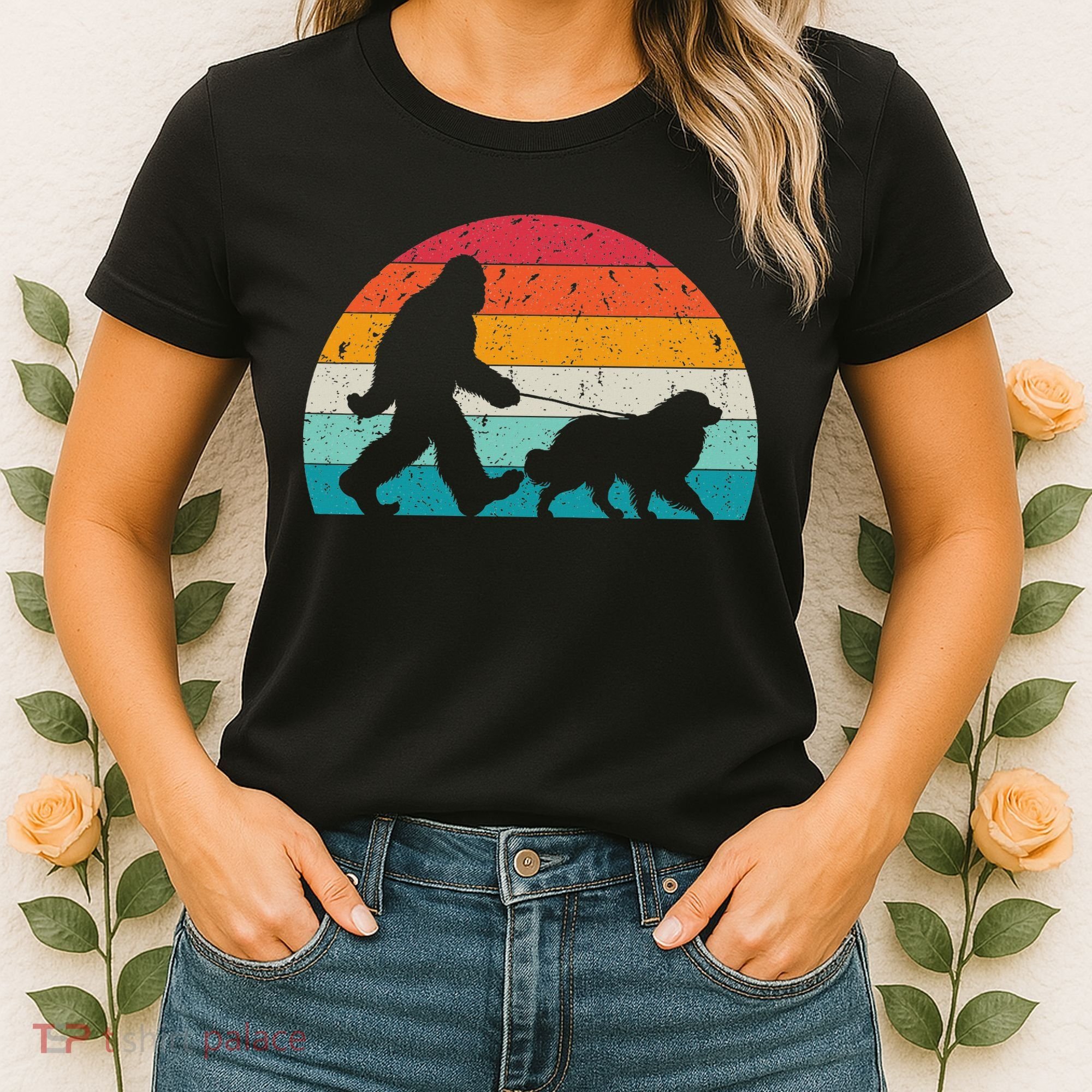 Bigfoot Walking A Dog Funny Great Pyrenees Lovers Dog Dad Women's T-Shirt