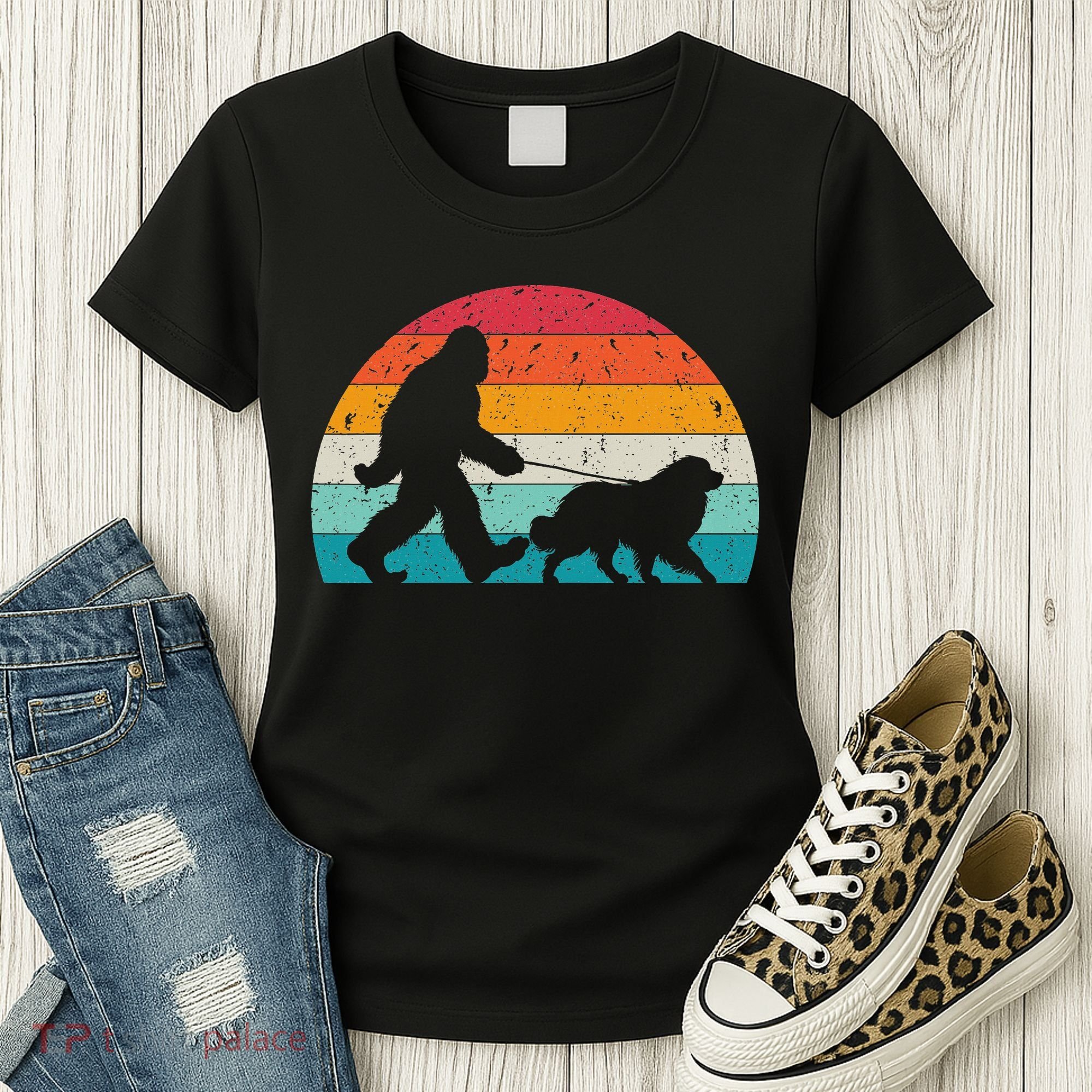 Bigfoot Walking A Dog Funny Great Pyrenees Lovers Dog Dad Women's T-Shirt