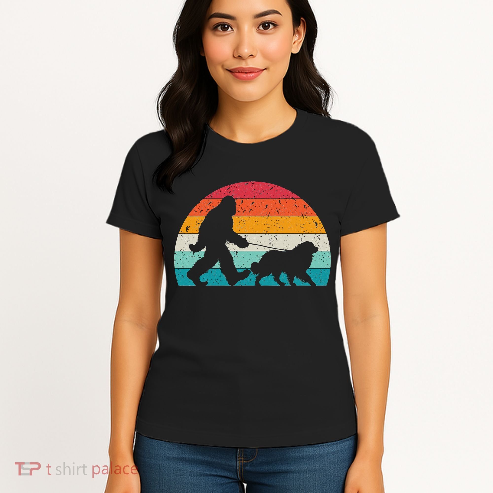 Bigfoot Walking A Dog Funny Great Pyrenees Lovers Dog Dad Women's T-Shirt