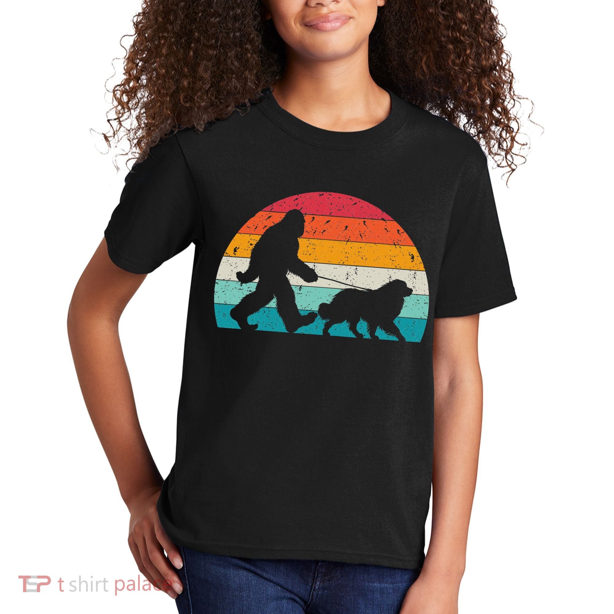 Bigfoot Walking A Dog Funny Great Pyrenees Lovers Dog Dad Kids T-Shirt