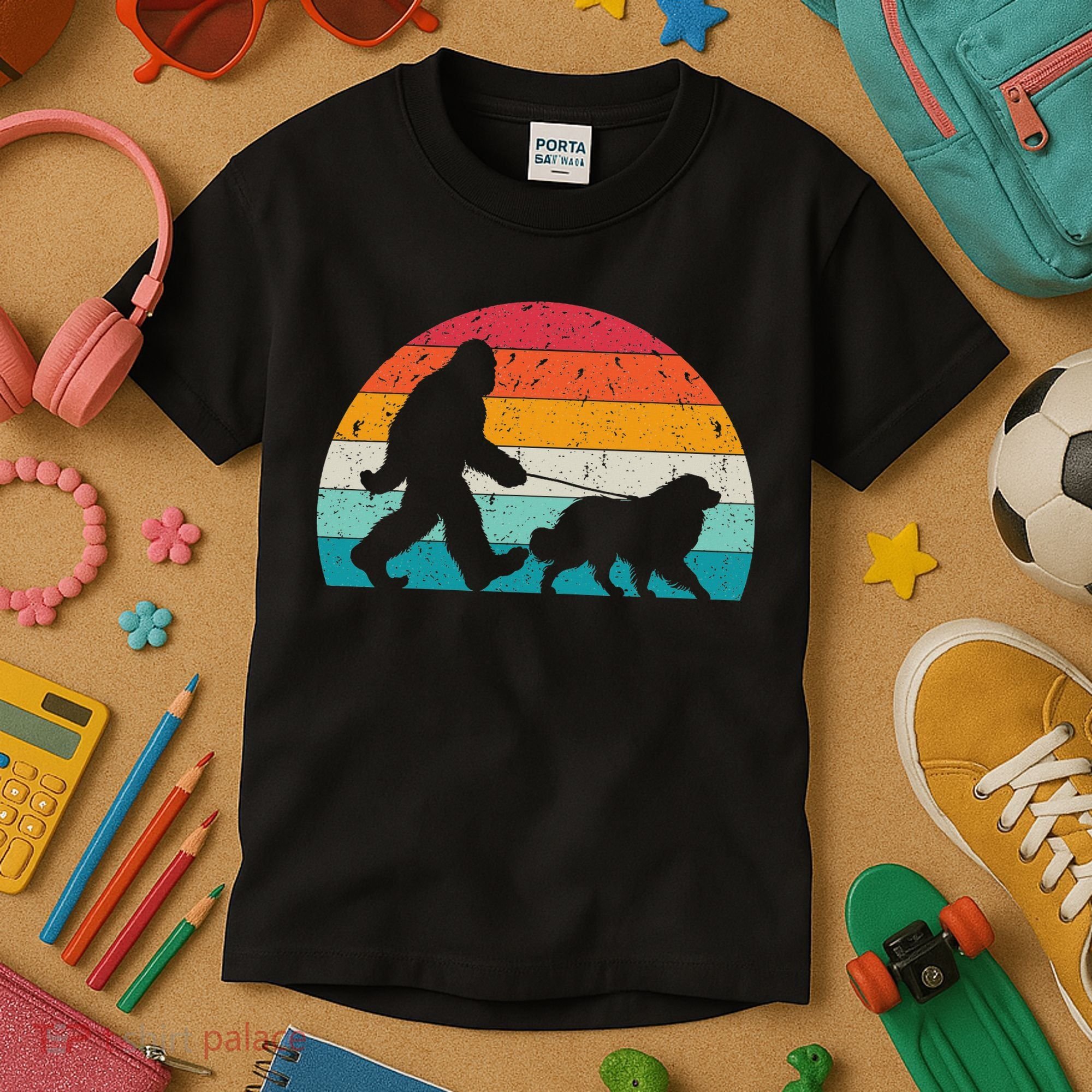 Bigfoot Walking A Dog Funny Great Pyrenees Lovers Dog Dad Kids T-Shirt