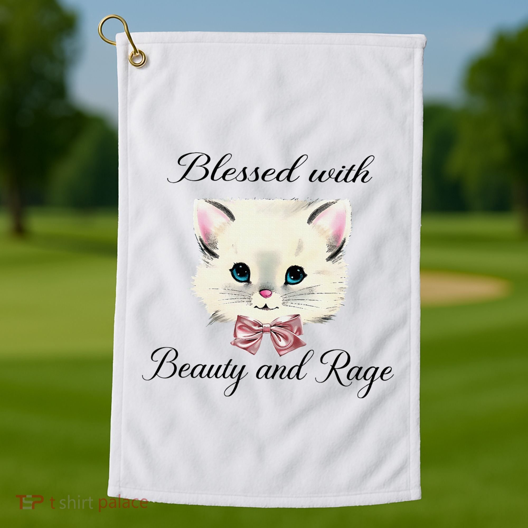 Blessed With Beauty And Rage Cute Lovely Cat Face Ribbon Golf Towel