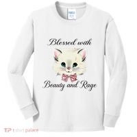 Blessed With Beauty And Rage Cute Lovely Cat Face Ribbon Kids Long Sleeve Shirt thumb 0