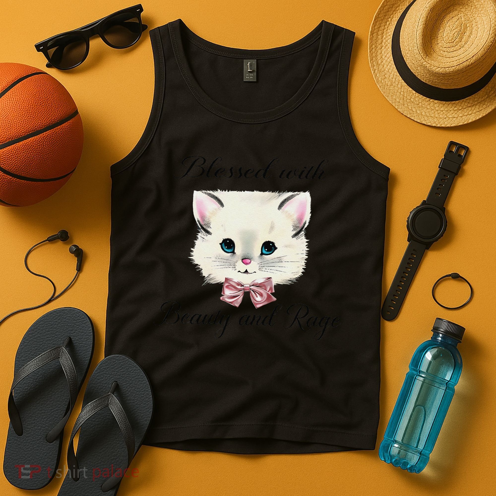 Blessed With Beauty And Rage Cute Lovely Cat Face Ribbon Tank Top