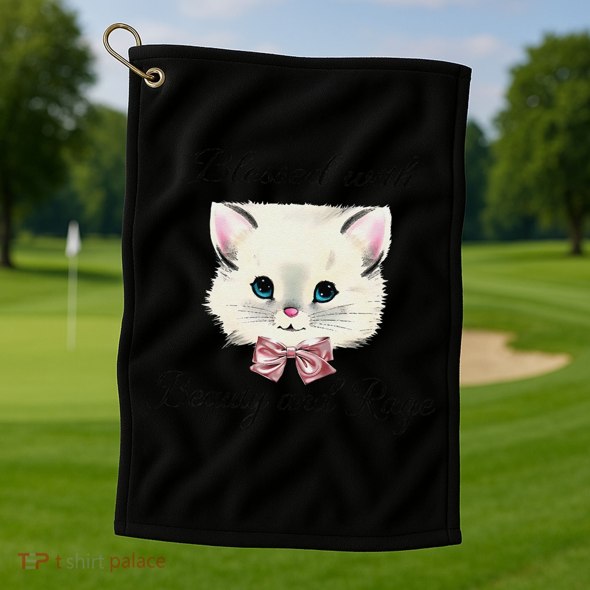 Blessed With Beauty And Rage Cute Lovely Cat Face Ribbon Golf Towel