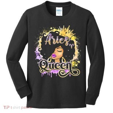 Black Wo Birthday Melanin Aries Queen Kids Long Sleeve Shirt