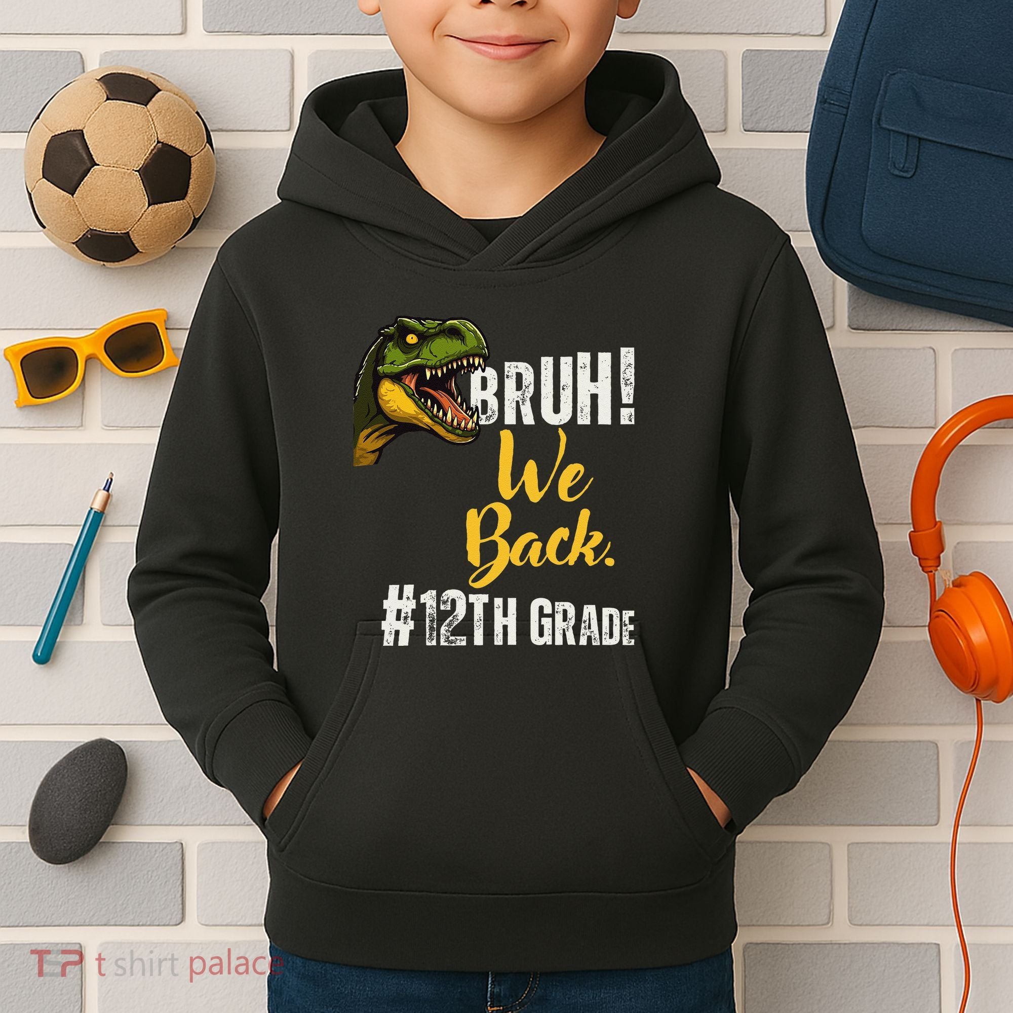 Bruh We Back 12th Grade Dinosaur Lovers Kids Hoodie